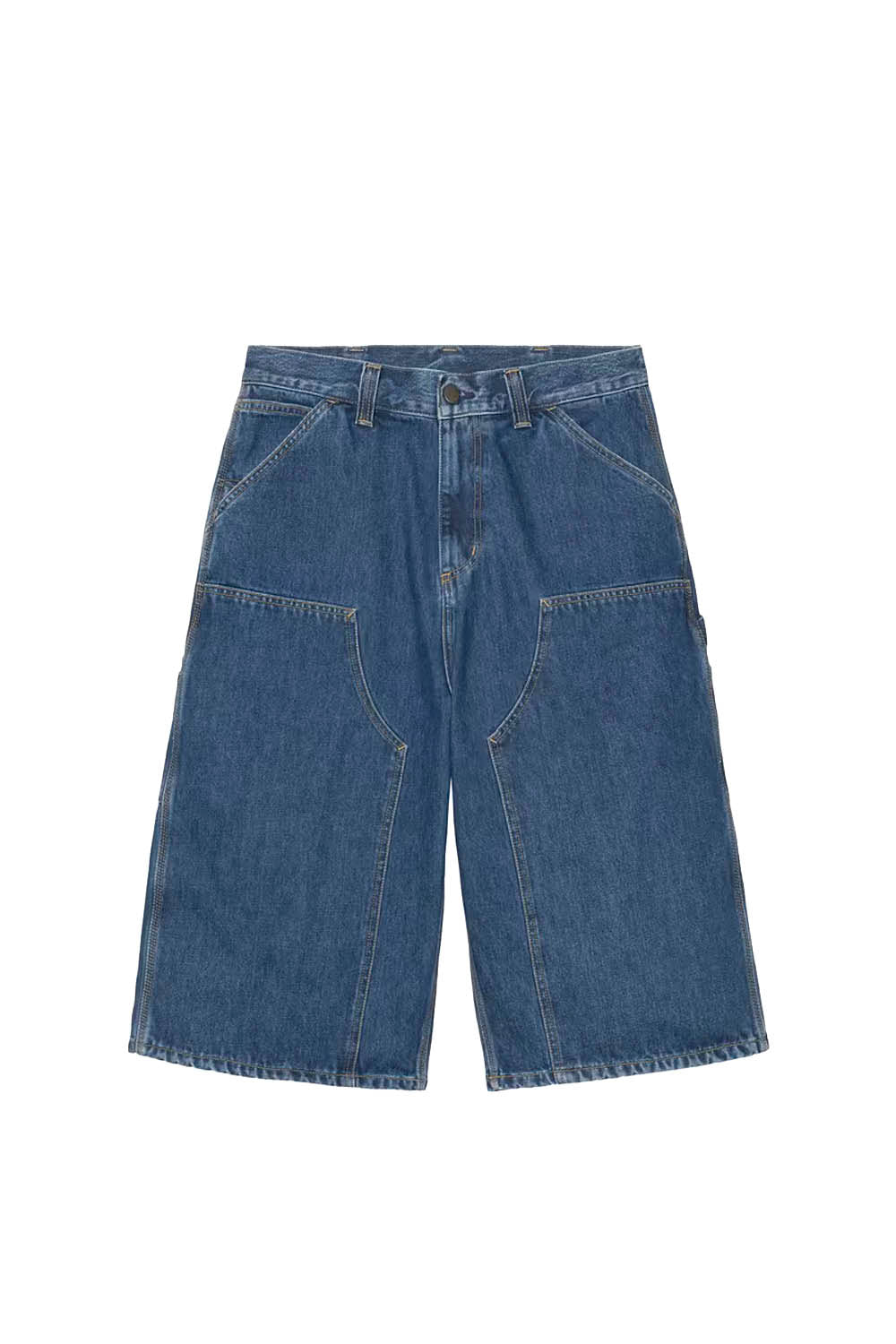 Blue denim shorts on a white background