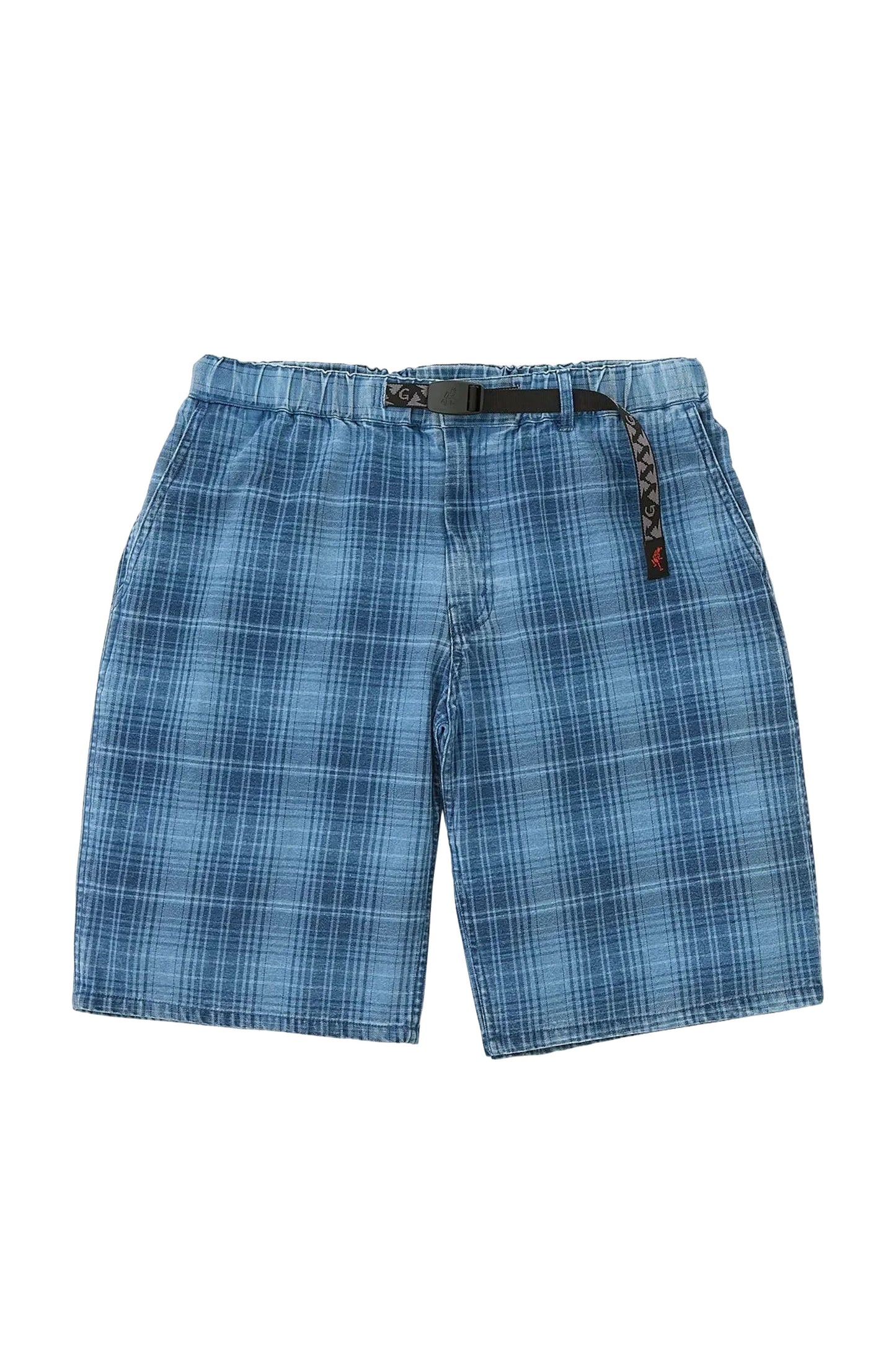 Blue Gramicci Lagoon shorts with a belt on a white background