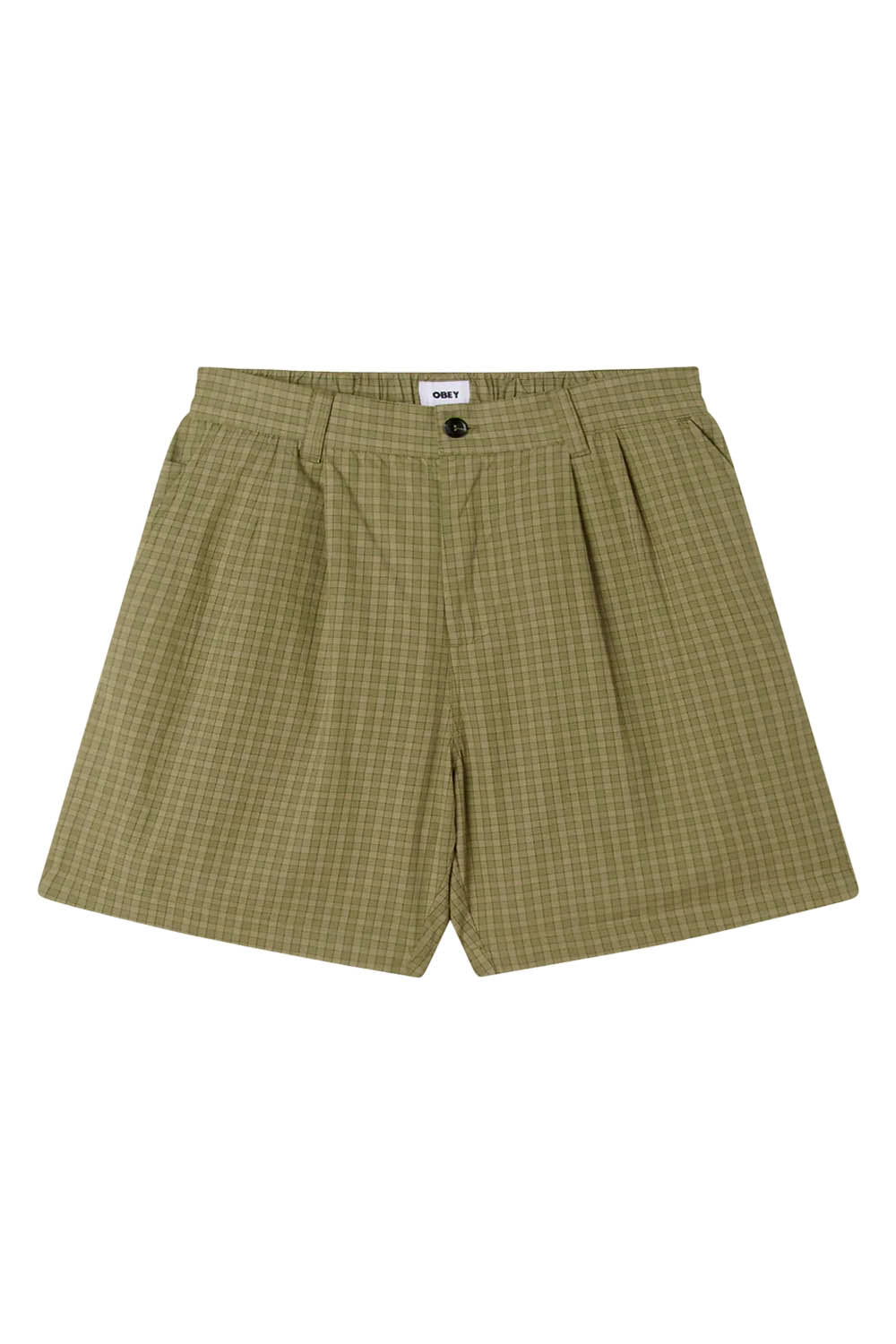 Green checkered shorts on a white background