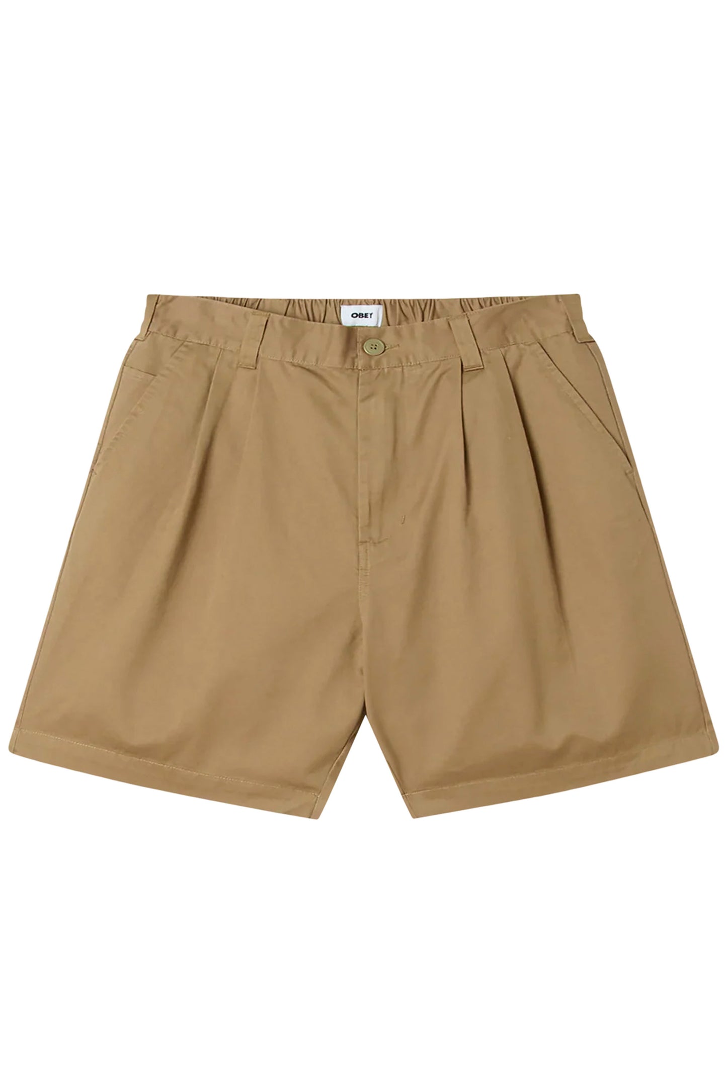 Beige Obey Foster Pleated shorts on a white background