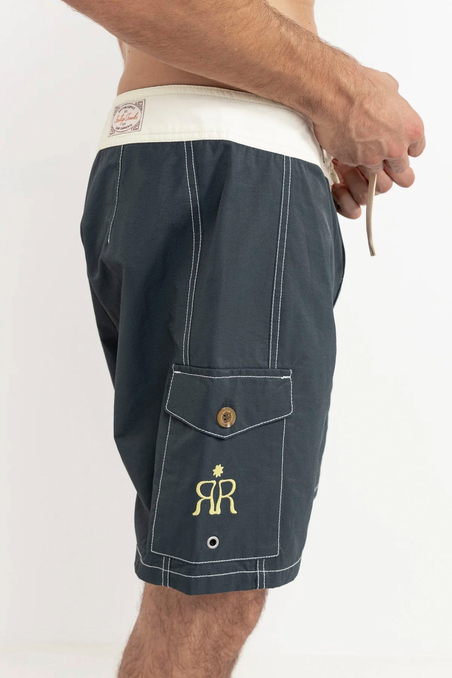 RHYTHM Breakers Block Trunk in stone blue featuring classic surf style and performance design