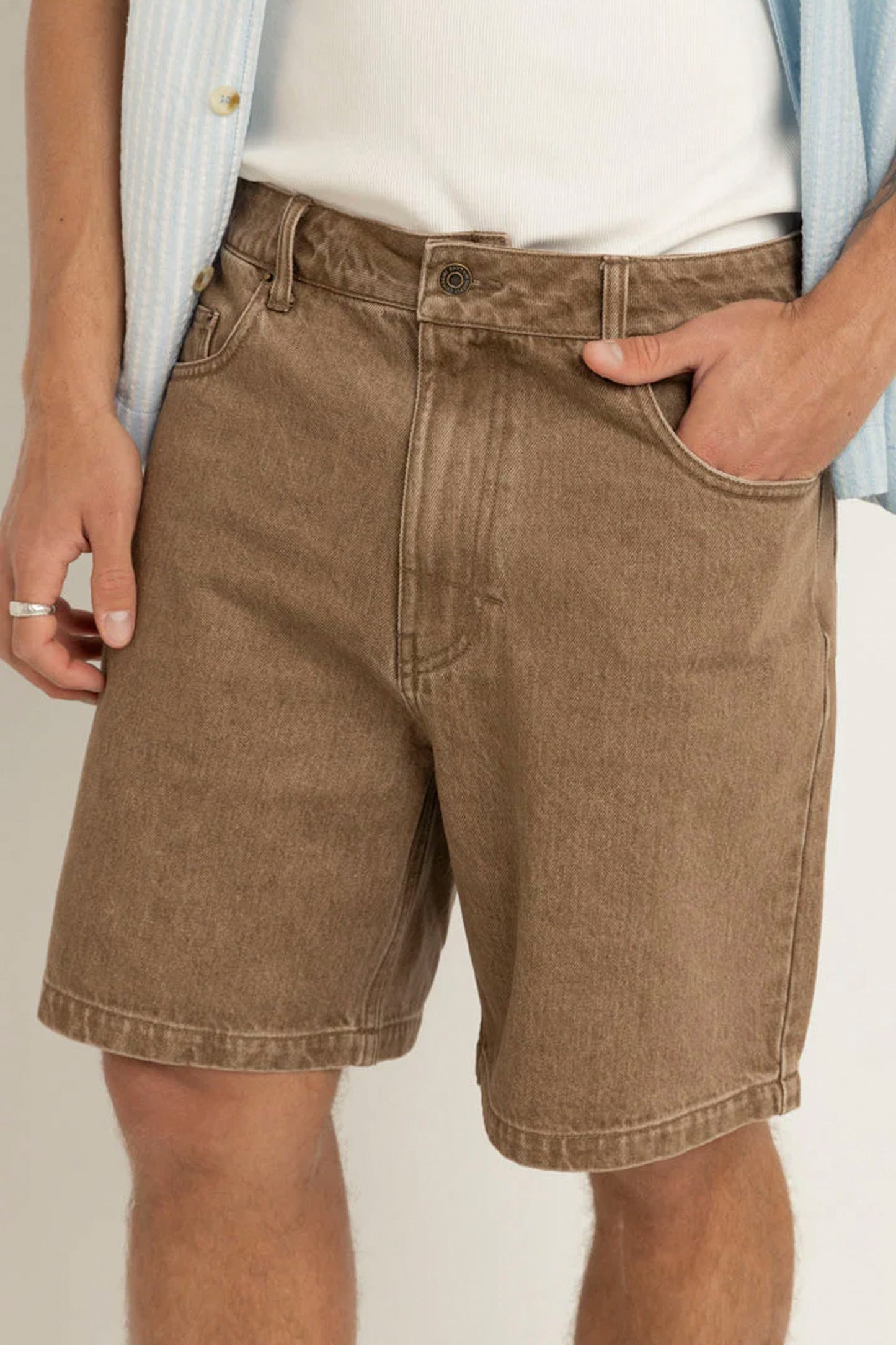 RHYTHM Subtle Denim Short in chai featuring relaxed fit and coastal denim style