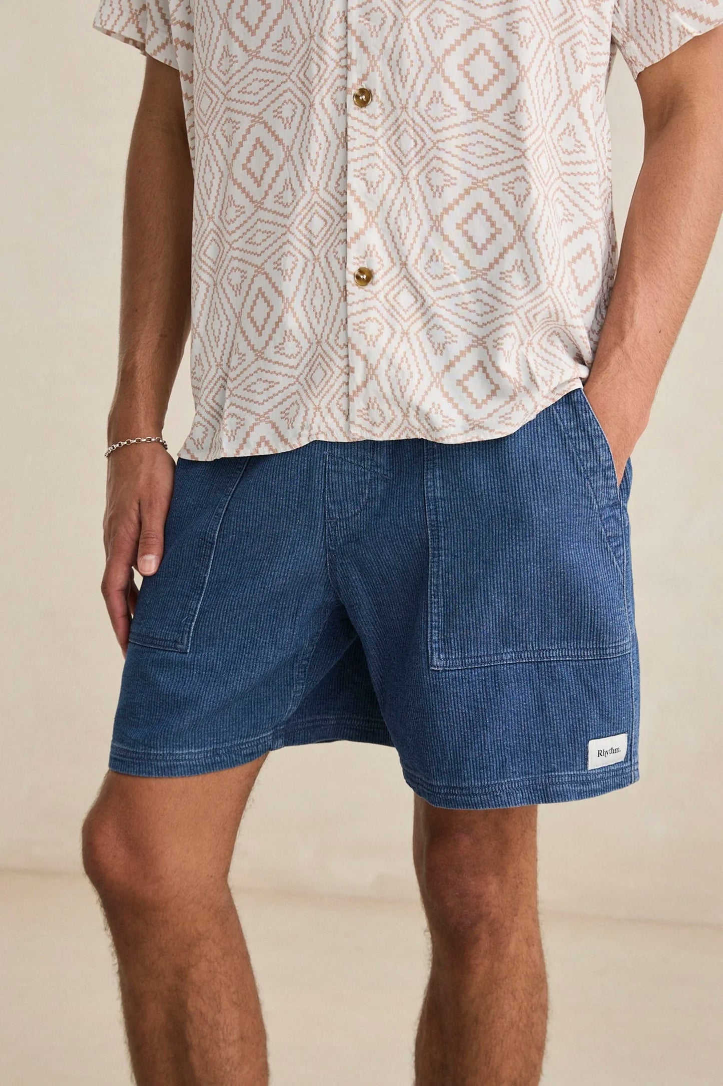 RHYTHM Textured Wale Jam Short washed indigo corduroy shorts for men
