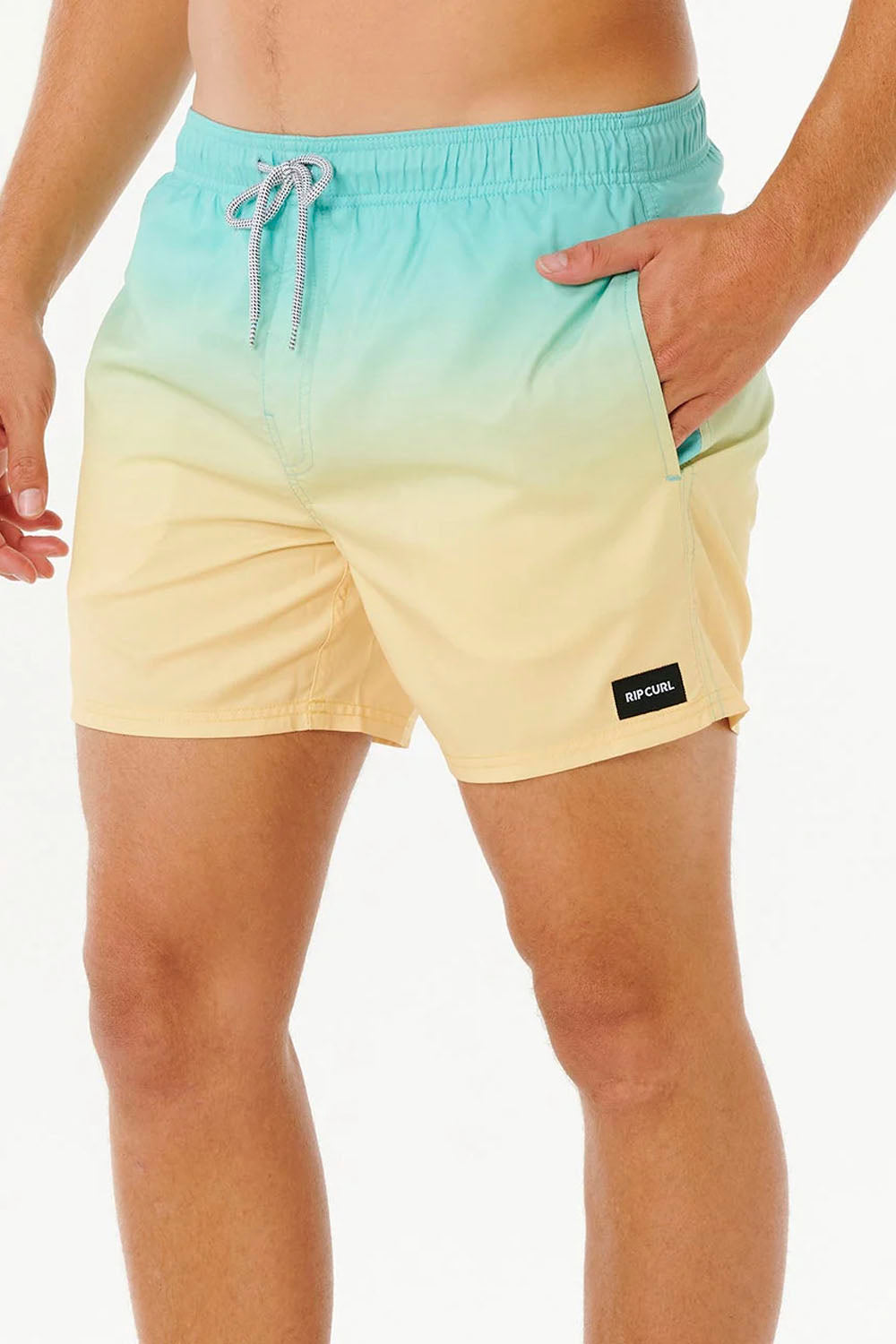 Gradient shorts transitioning from blue to yellow on a white background
