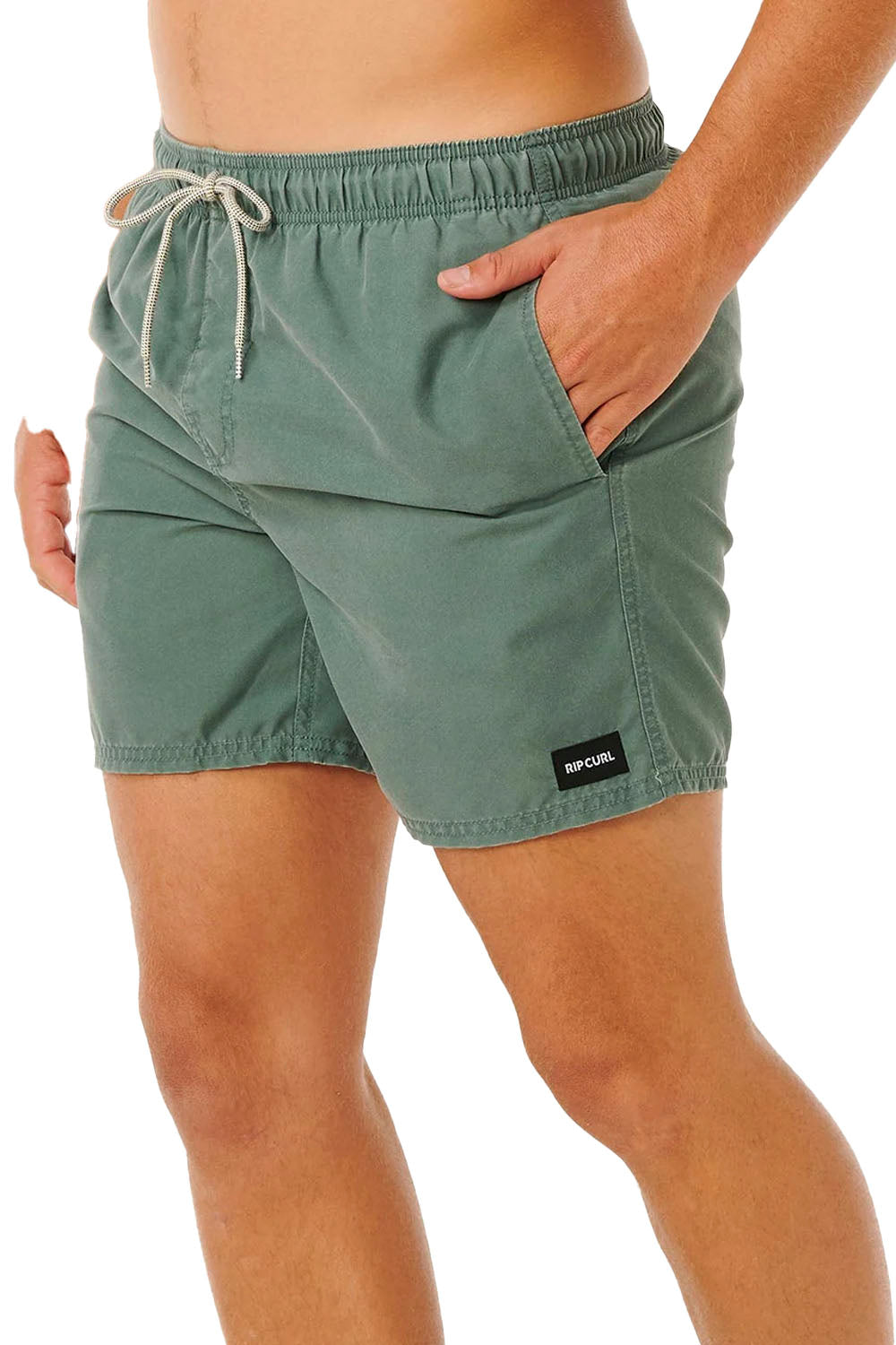 Green shorts with a drawstring on a white background