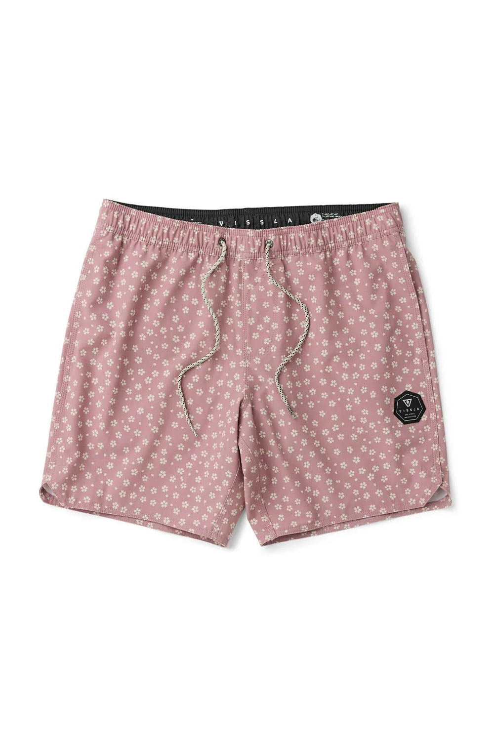 Pink patterned shorts with a brand logo on a white background