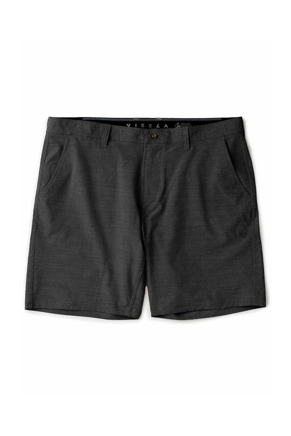 Black shorts on a white background with 'Vissla' branding.