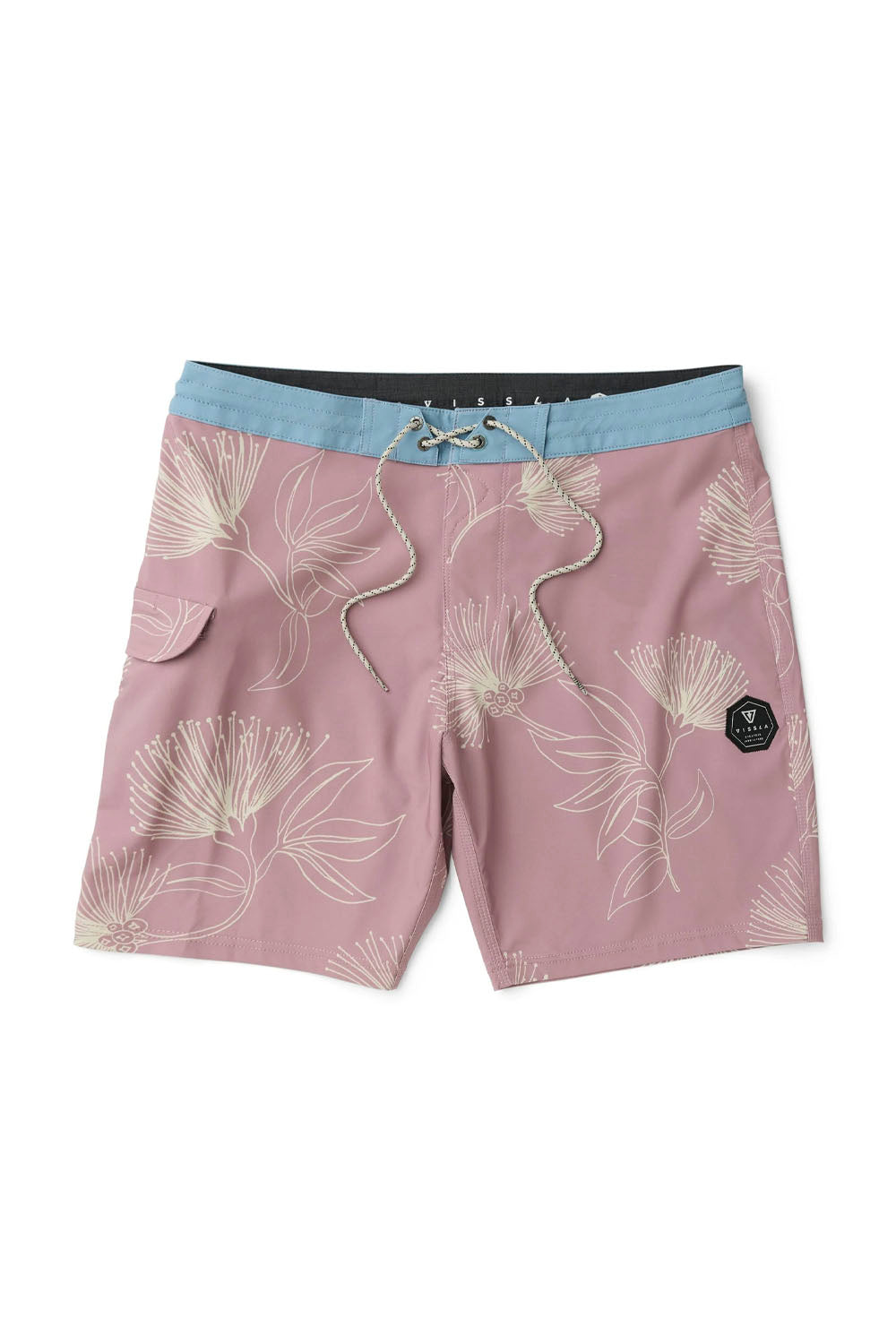 Pink shorts with floral pattern and blue waistband on a white background