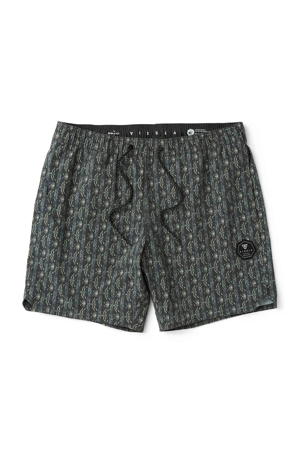 Gray patterned shorts with a brand logo on a white background