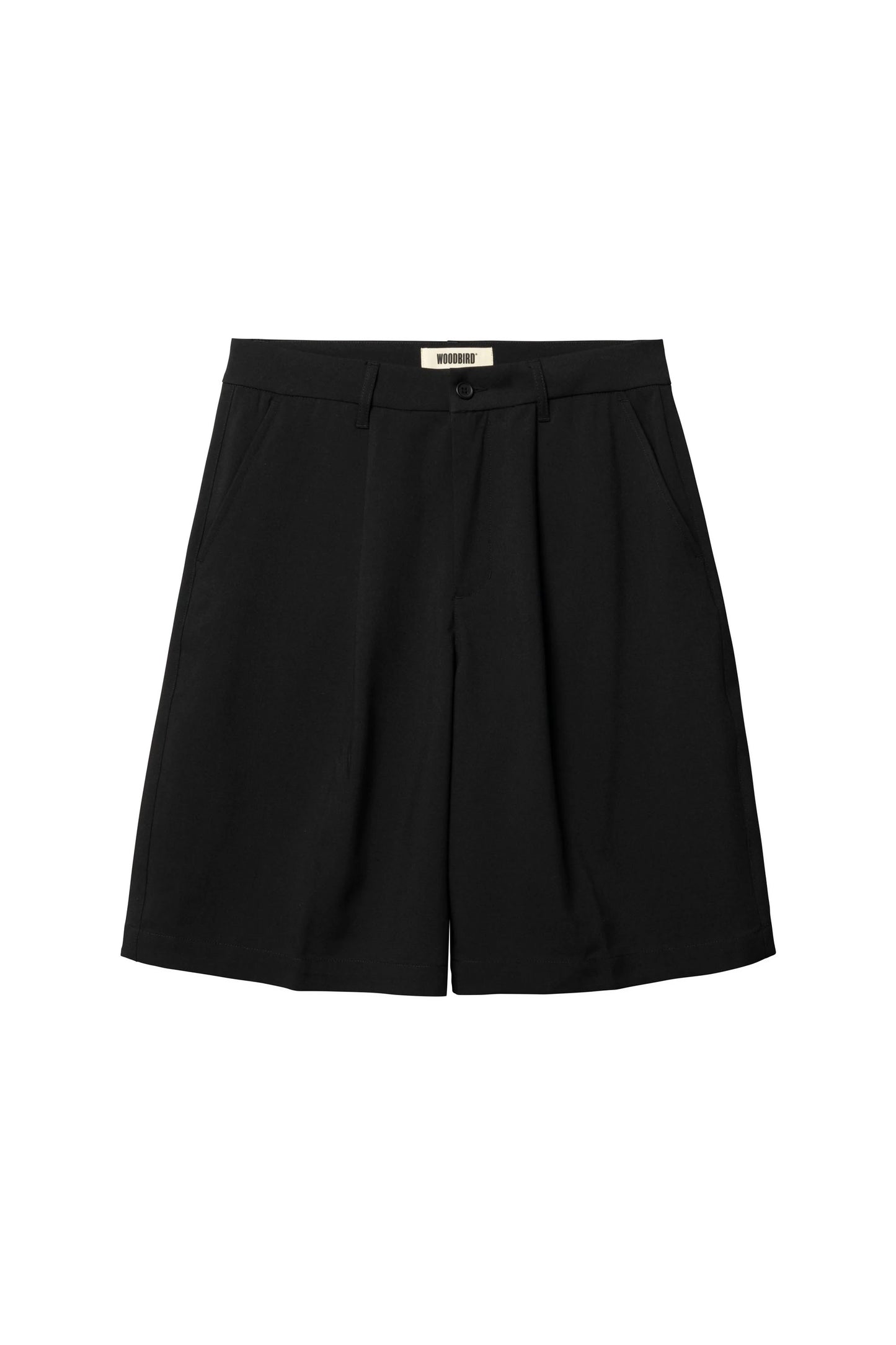 Woodbird Wbbin Guan Shorts in Black — men's loose fit pleated shorts, wide leg silhouette