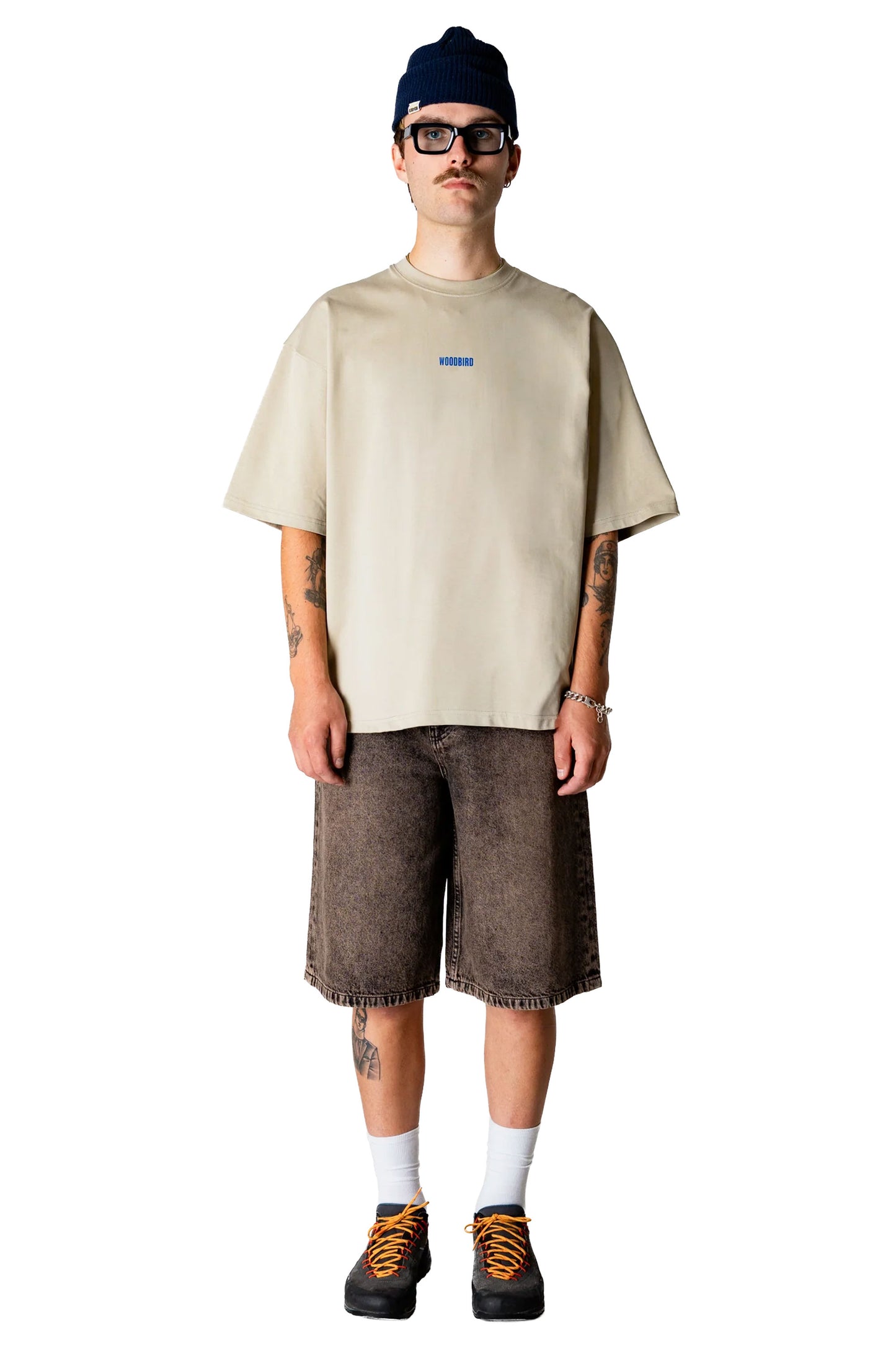 Woodbird Wbyuto Oak Shorts in Washed Brown — men's baggy fit washed denim shorts, five-pocket layout