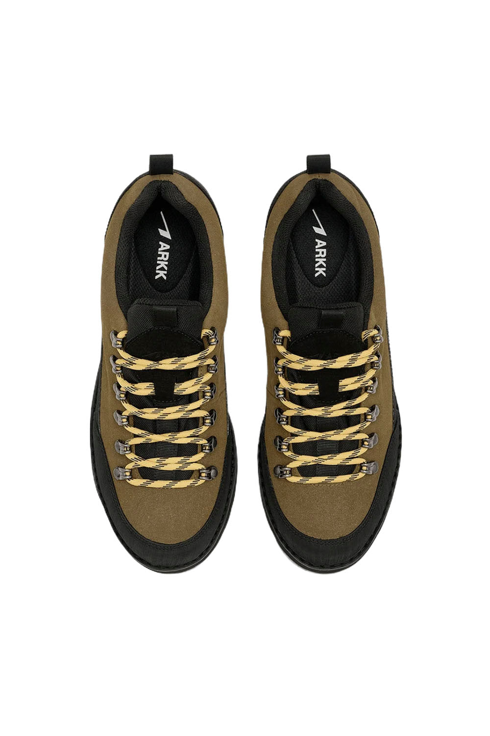 A pair of low-top ARKK sneakers shown from a top-down view. The shoes feature a tan and olive green suede and mesh upper, black soles, and distinctive braided gold and black laces.