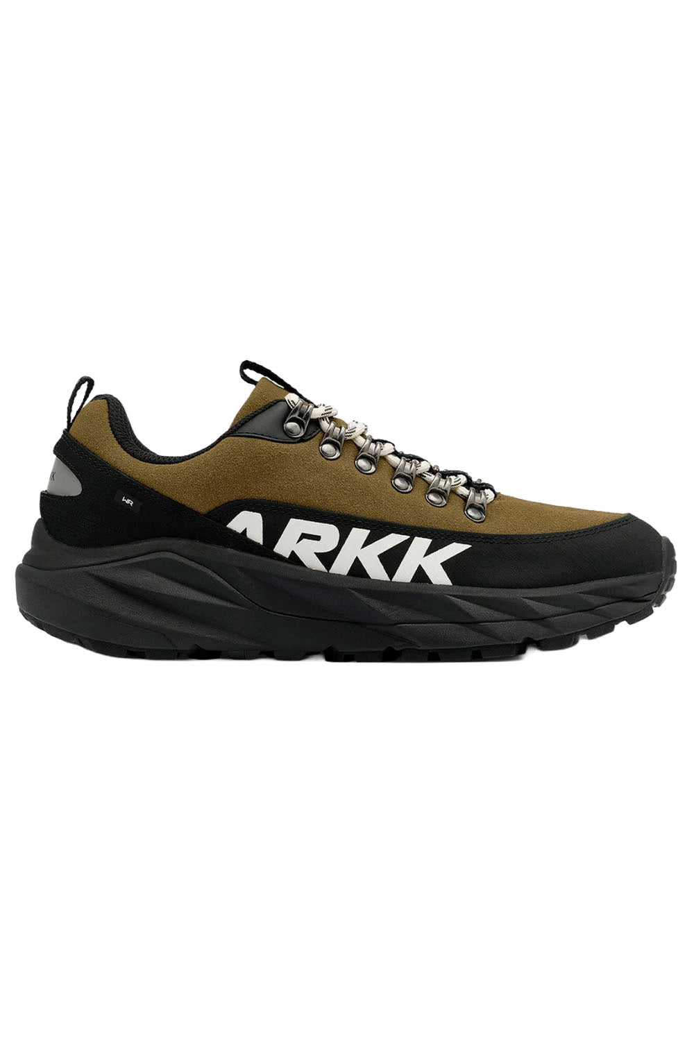 A low-top athletic sneaker shown from the side profile on a plain white background. The shoe features a black and olive-brown upper with a thick black sole, white laces, and a prominent white 'ARKK' logo printed on the side.
