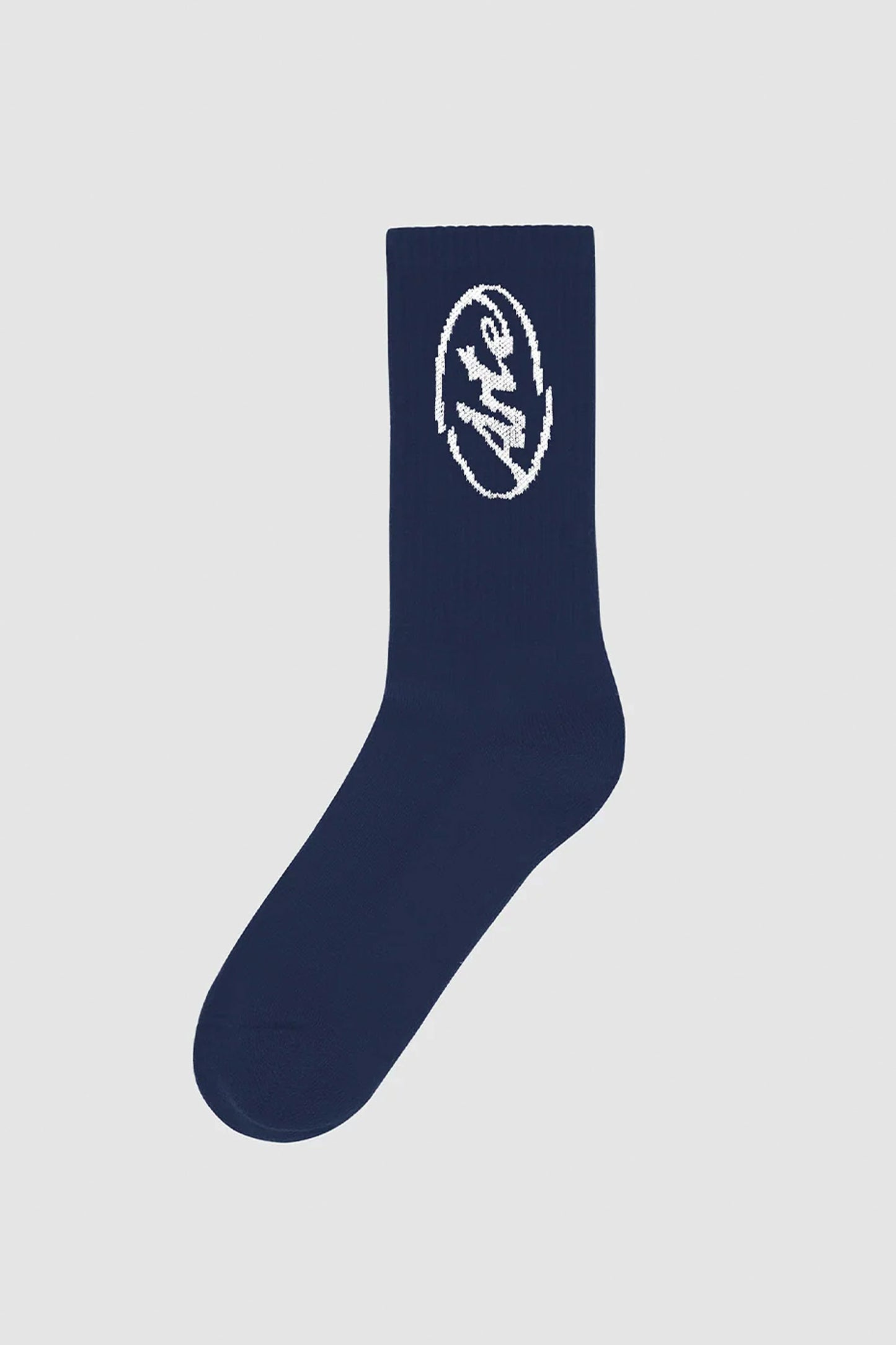 Navy ARTE circle logo socks in a white background
