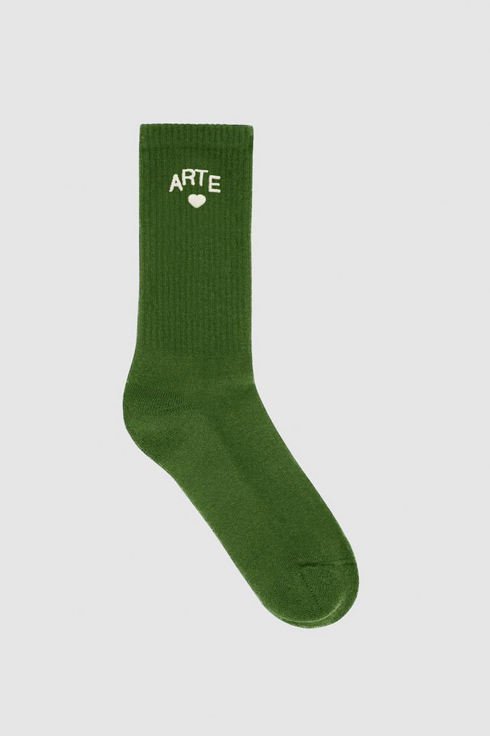 An olive green crew sock with 'ARTE' and a small heart logo embroidered in white on the ribbed cuff, shown against a light gray background.
