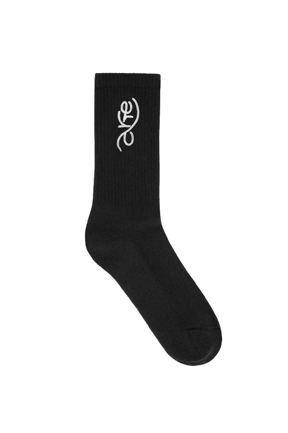 Black sock with "arte" embroidered in white on a white background