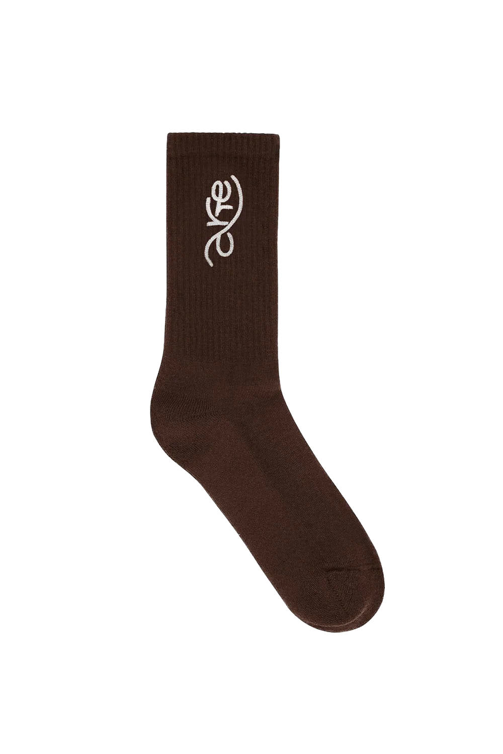 Brown socks with "arte" embroidered in white on a white background