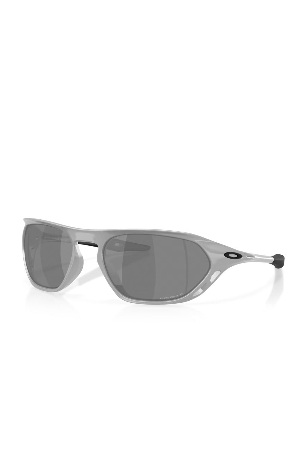 Oakley wraparound sunglasses with a silver frame, dark gray lenses, and black temple tips, shown on a clean white background FROM SIDE FRONT
