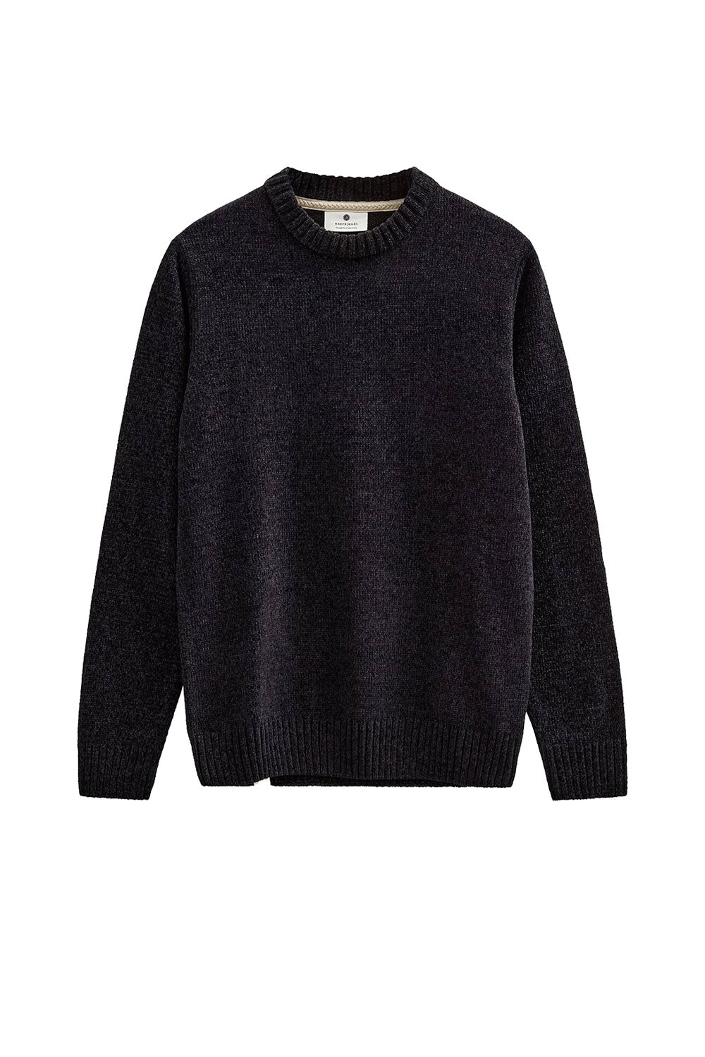 A dark charcoal gray knit crewneck sweater displayed flat against a solid white background.