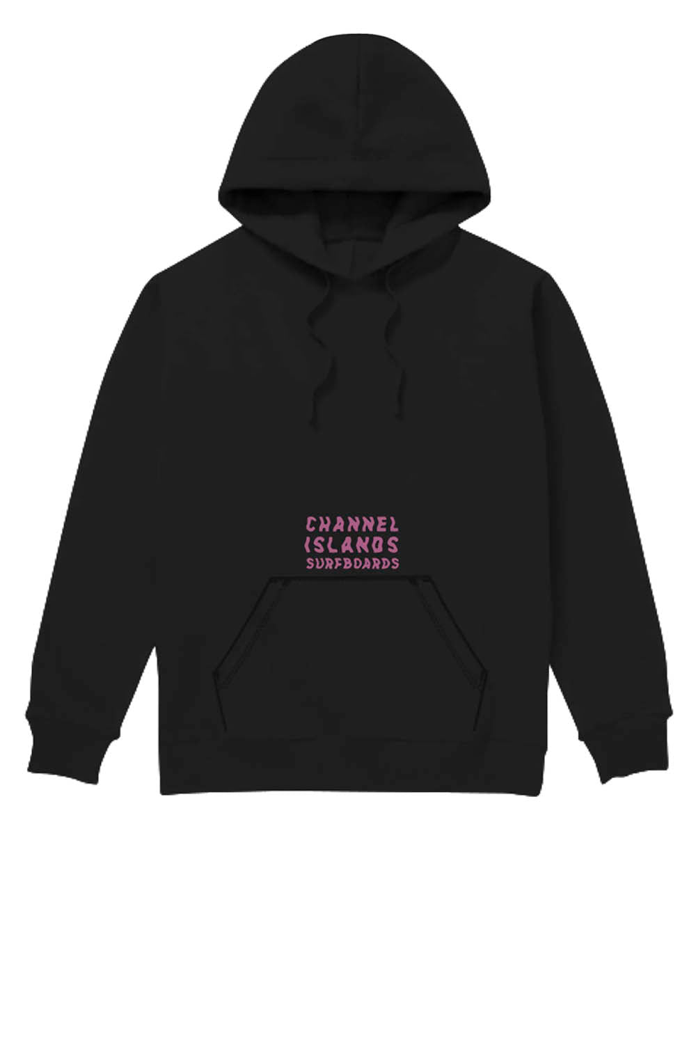 Black hoodie with 'Channel Islands Surfboards' text on a white background