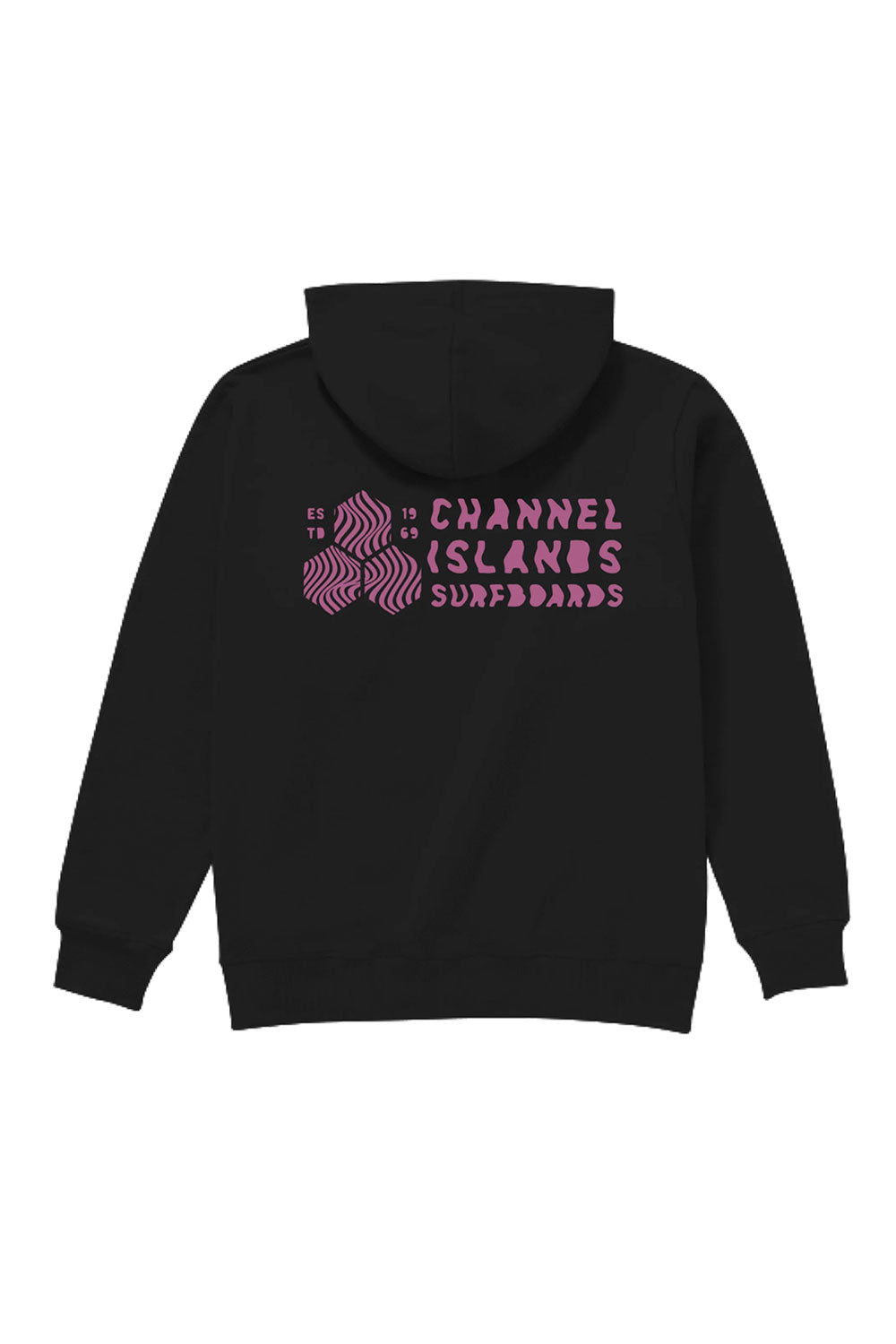 Black hoodie with pink text and logo on the back against a white background