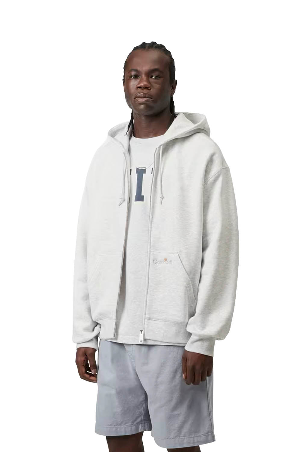 Man wearing a white hoodie and light gray shorts on a white background