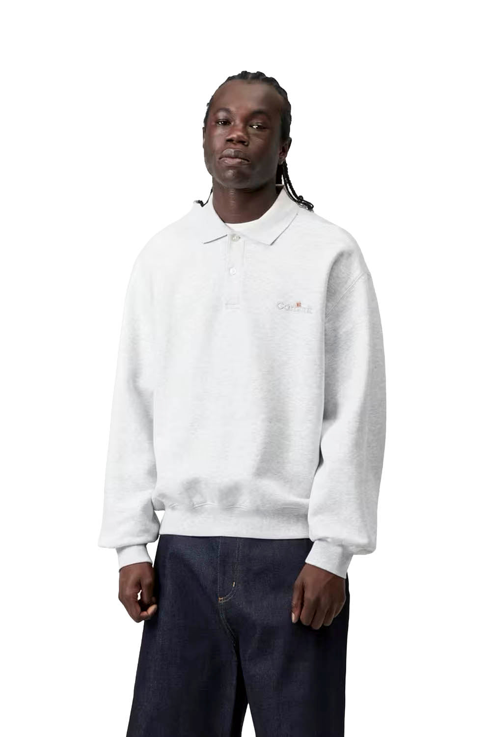 Person wearing a white sweater on a white background