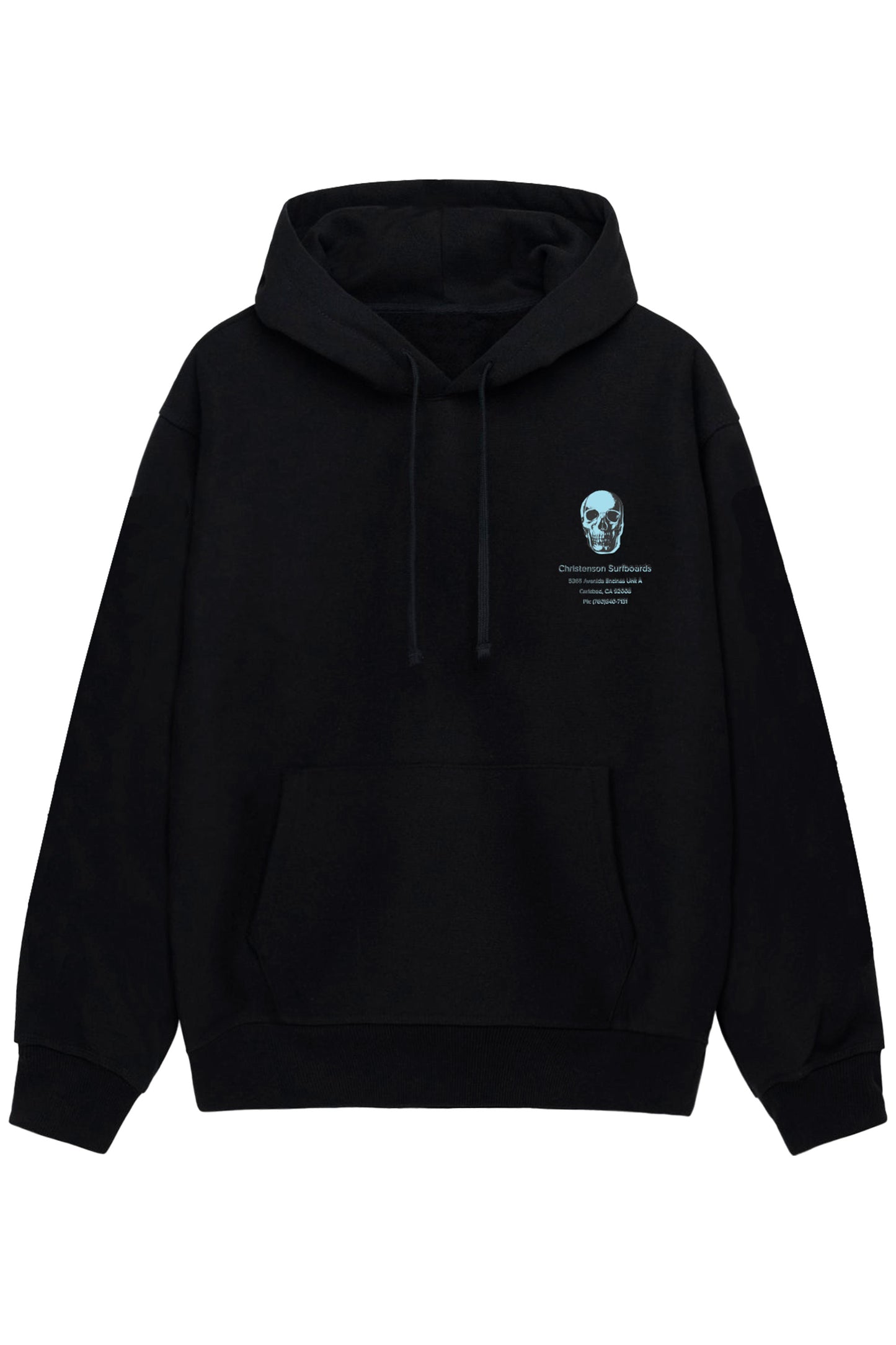 Pukas Surf Shop Christenson Surfboards 5365 Avenida Encinas black hoodie with skull back print and street surf aesthetic