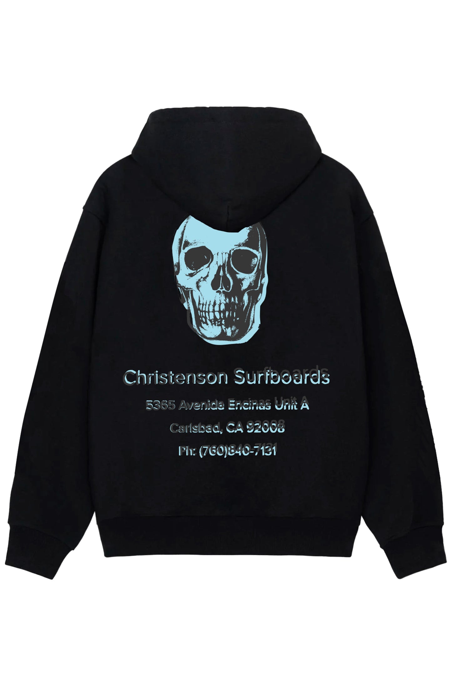 Pukas Surf Shop Christenson Surfboards 5365 Avenida Encinas black hoodie with skull back print and street surf aesthetic