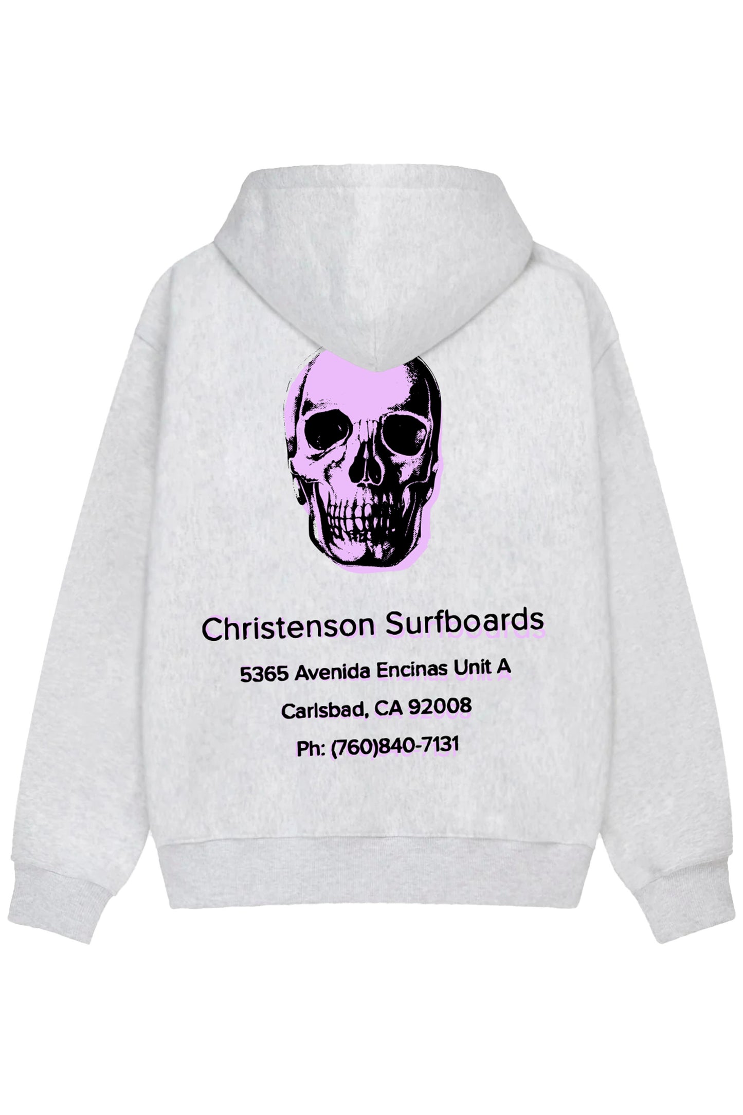 Pukas Surf Shop Christenson Surfboards 5365 Avenida Encinas heather grey hoodie with purple skull graphic and surf streetwear aesthetic