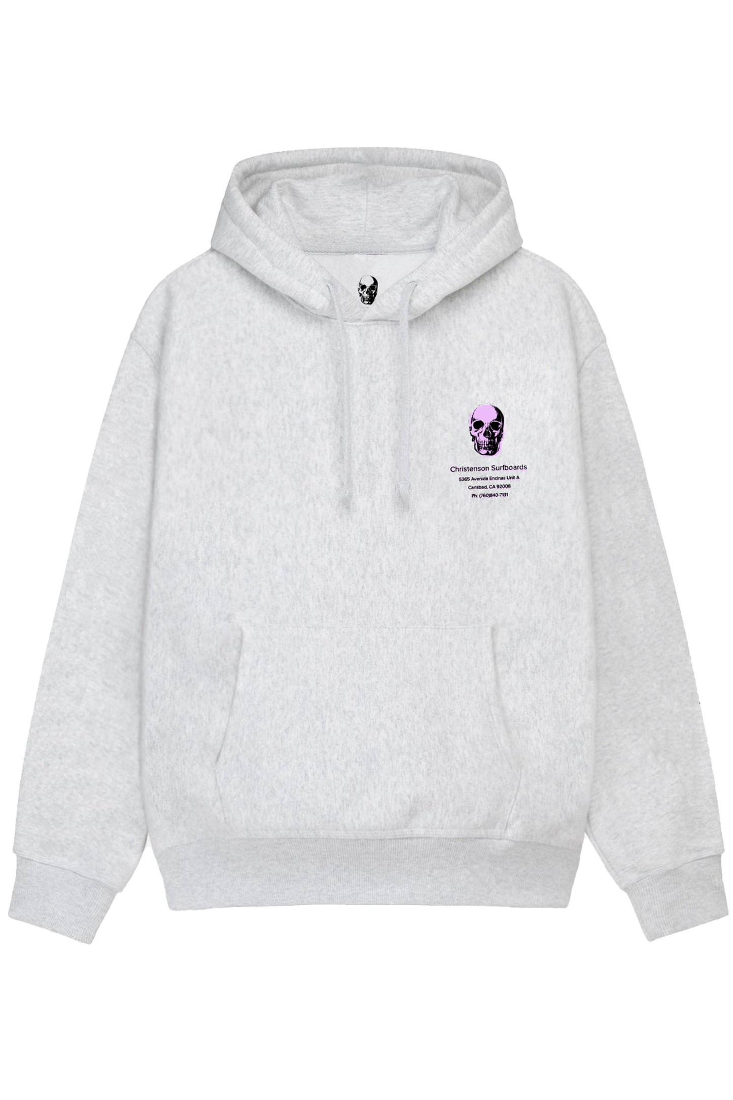 Pukas Surf Shop Christenson Surfboards 5365 Avenida Encinas heather grey hoodie with purple skull graphic and surf streetwear aesthetic