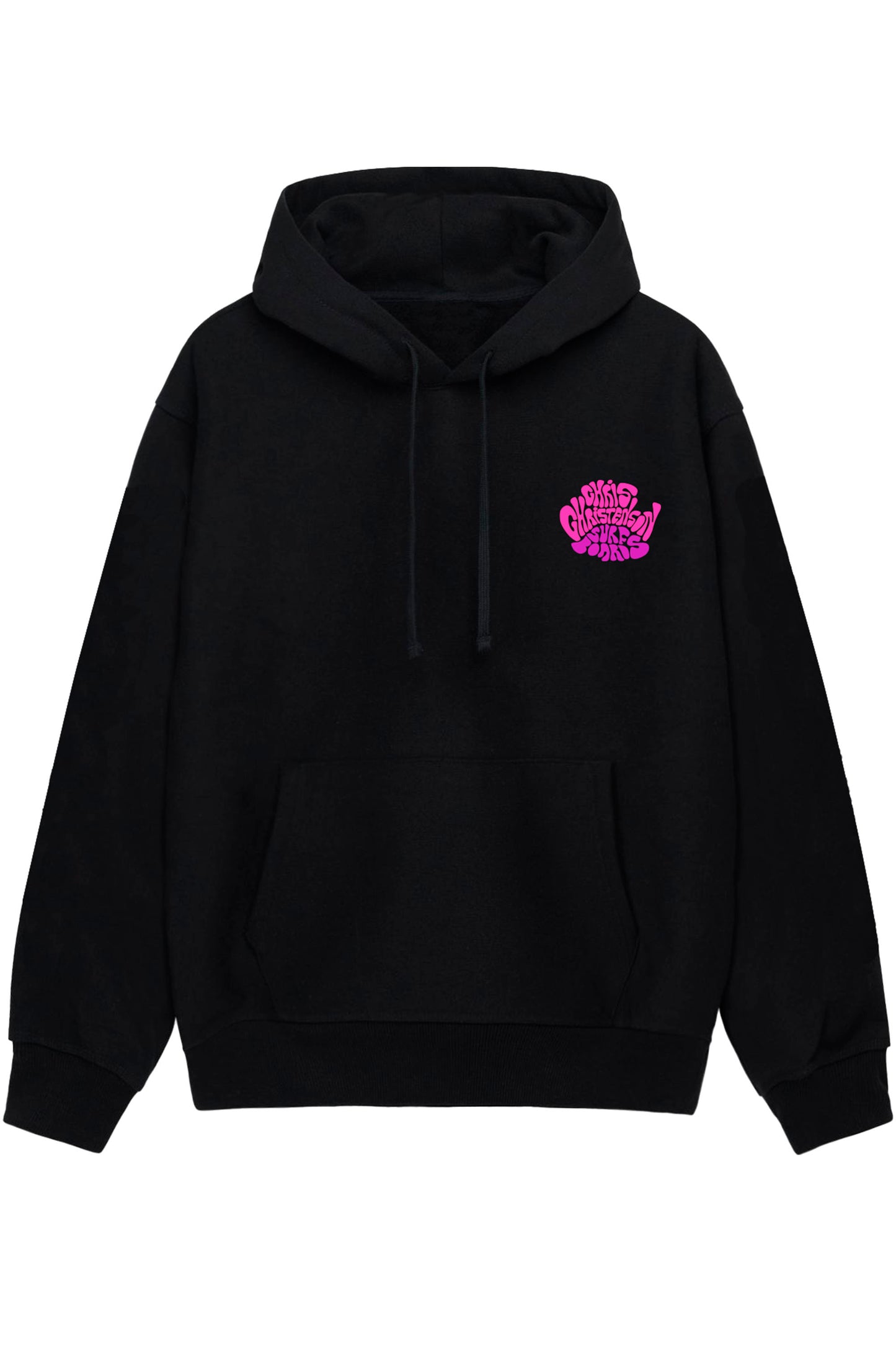 Pukas Surf Shop Christenson x Andy Davis black hoodie with retro pink purple logo and surf streetwear aesthetic