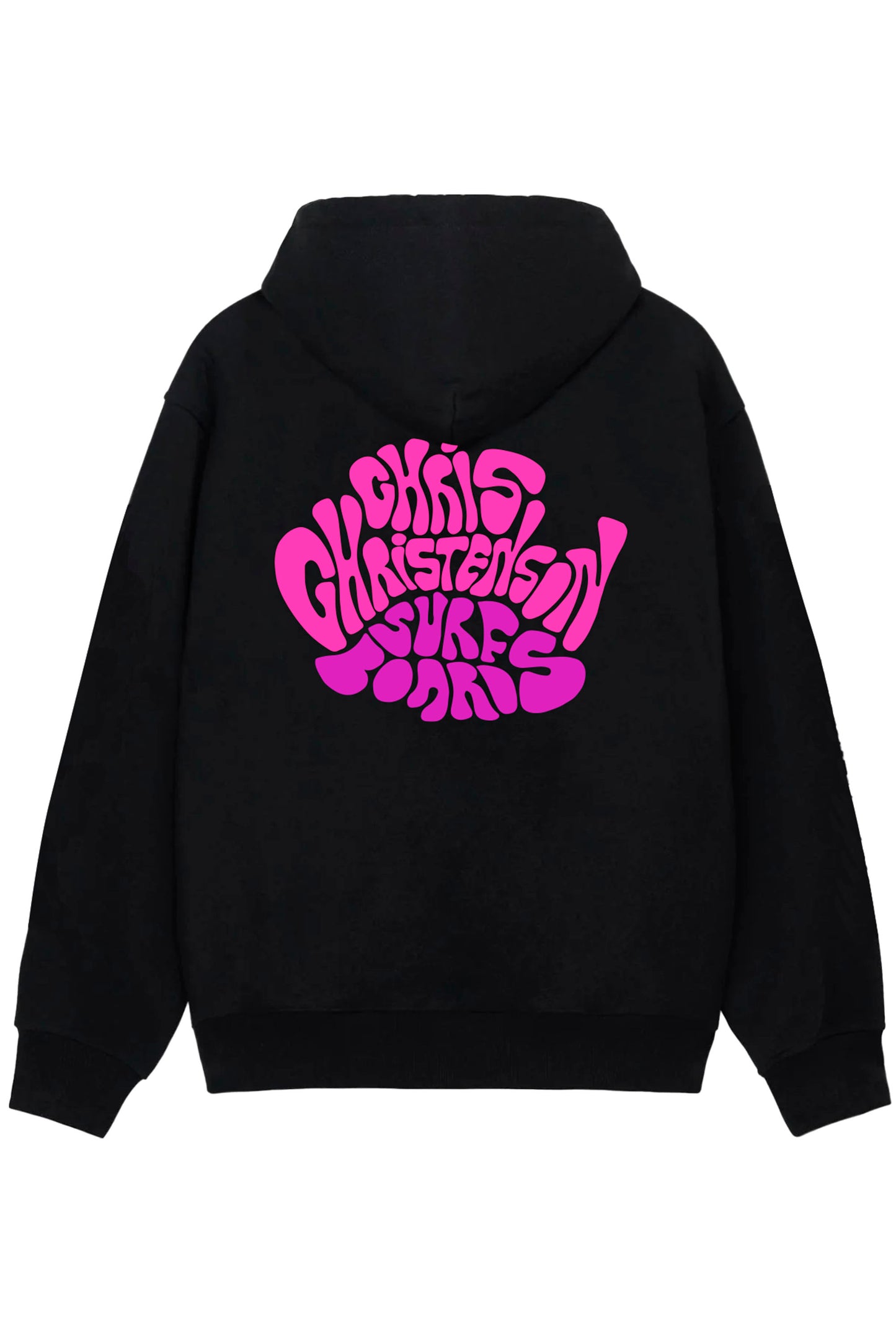 Pukas Surf Shop Christenson x Andy Davis black hoodie with retro pink purple logo and surf streetwear aesthetic