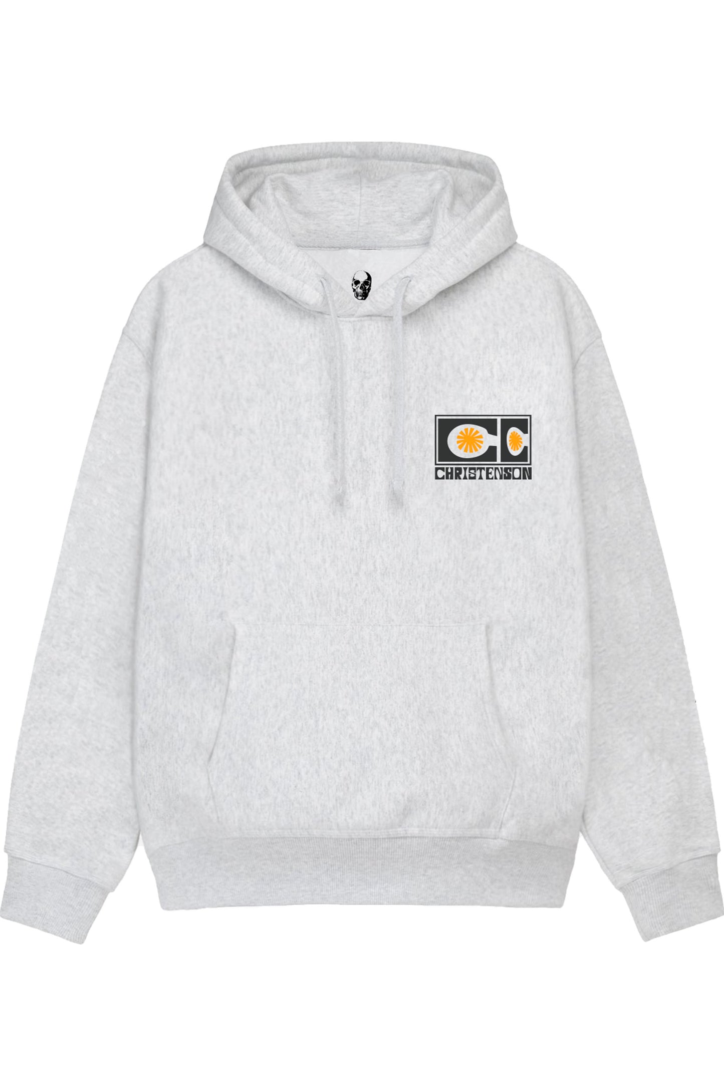 Pukas Surf Shop Christenson Surfboard Shapes hoodie heather grey with orange graphic and surf heritage print