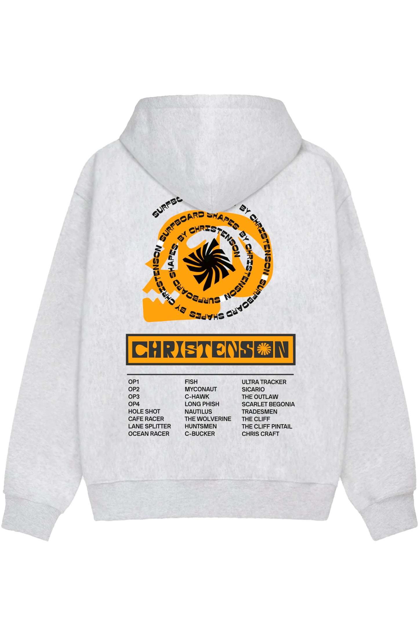 Pukas Surf Shop Christenson Surfboard Shapes hoodie heather grey with orange graphic and surf heritage print
