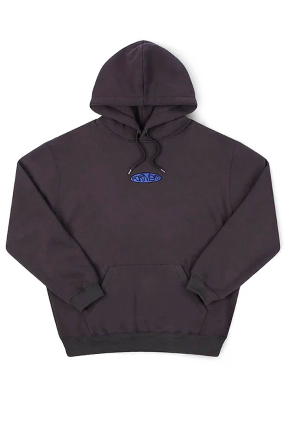 Black hoodie with a blue logo on a white background