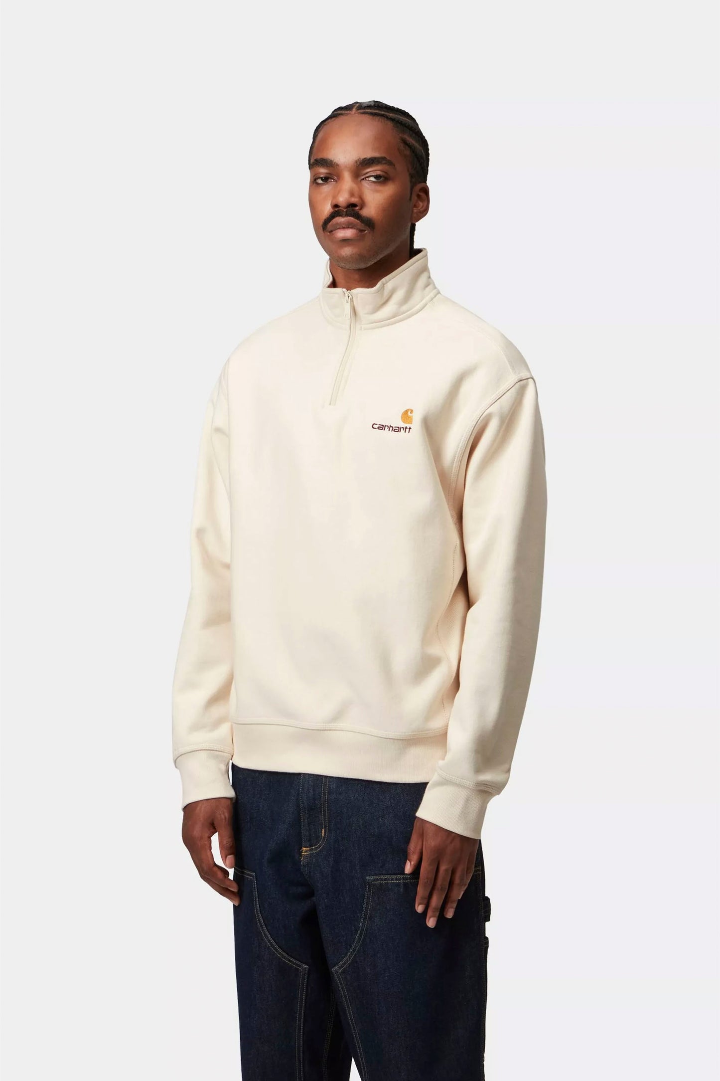 Carhartt WIP Half Zip American Script Sweat - front view with American Script embroidery and relaxed fit
