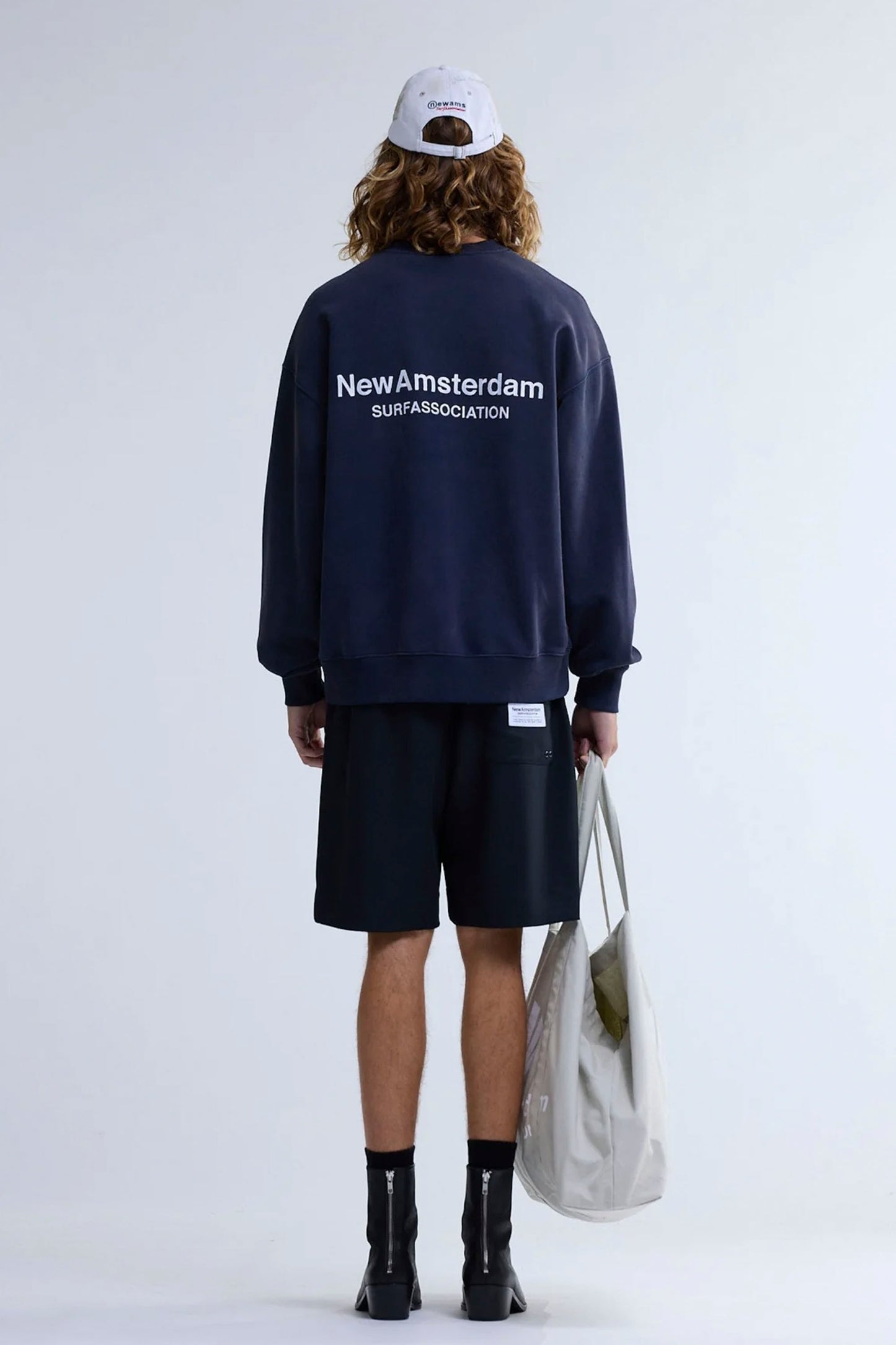 NEW AMSTERDAM SURF ASSOCIATION LOGO CREWNECK - Back view featuring signature print embroidery on navy cotton