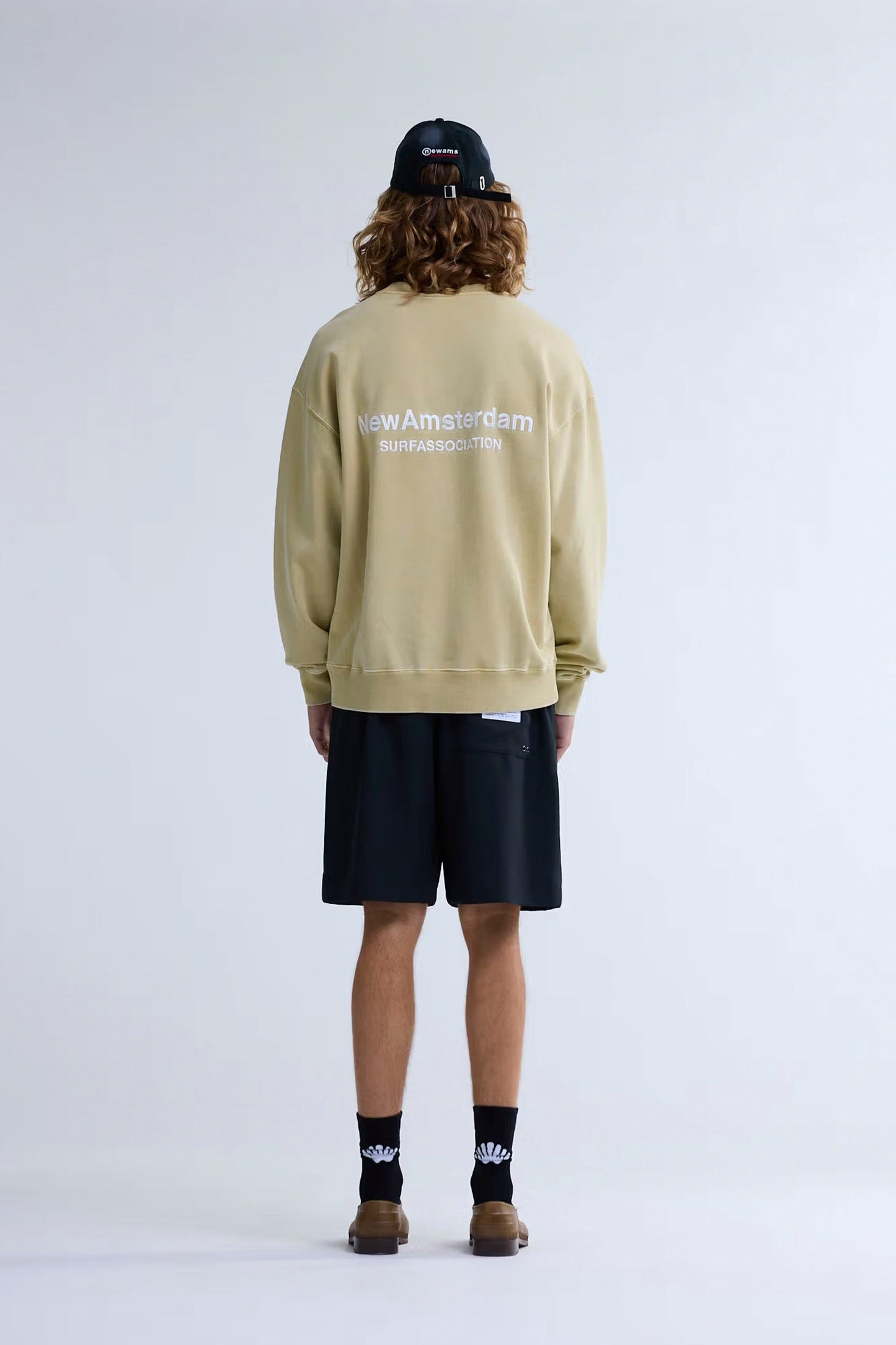NEW AMSTERDAM SURF ASSOCIATION LOGO CREWNECK - Side angle highlighting ribbed collar and heavyweight cotton terry fabric