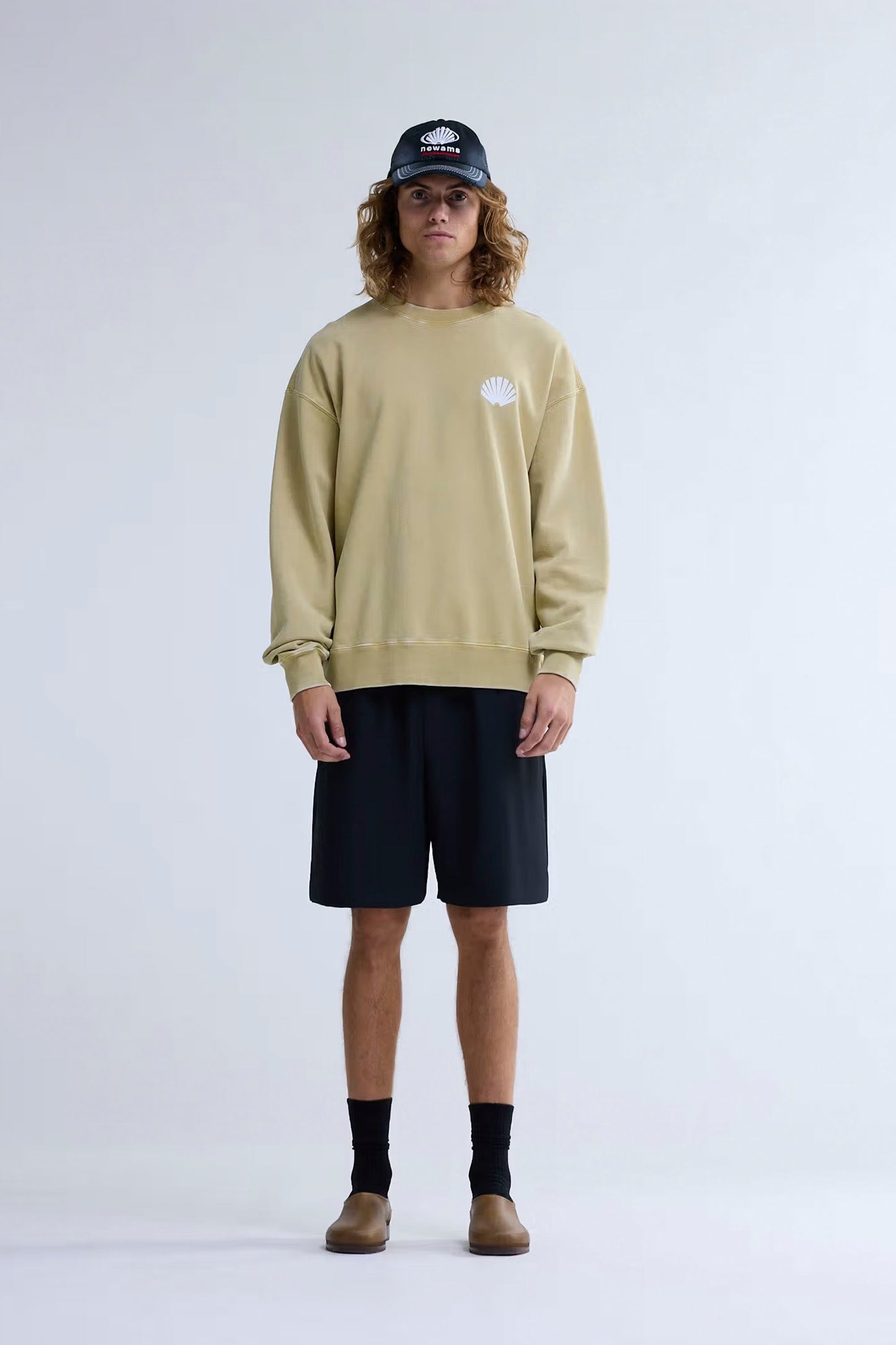 NEW AMSTERDAM SURF ASSOCIATION LOGO CREWNECK - Back view showing text logo embroidery and yellow stone colorway