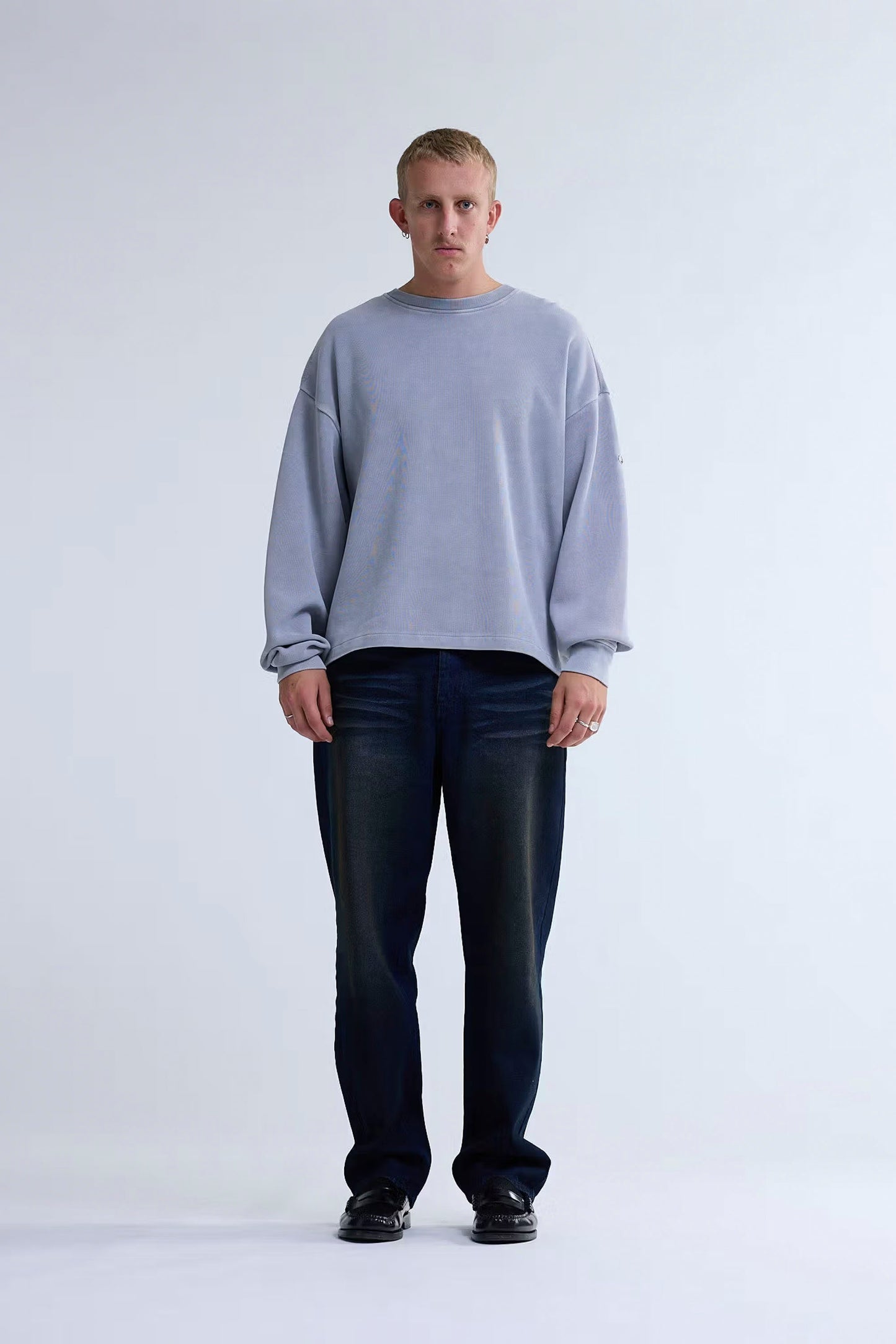 New Amsterdam Surf Association crewneck sweat front view - washed grey colorway with sun-faded look