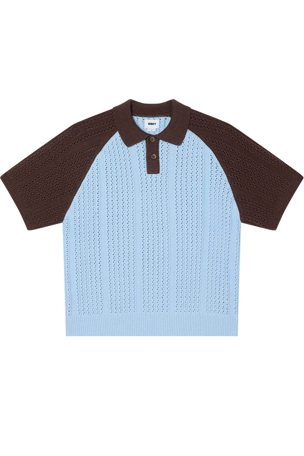 Light blue shirt with brown sleeves on a white background