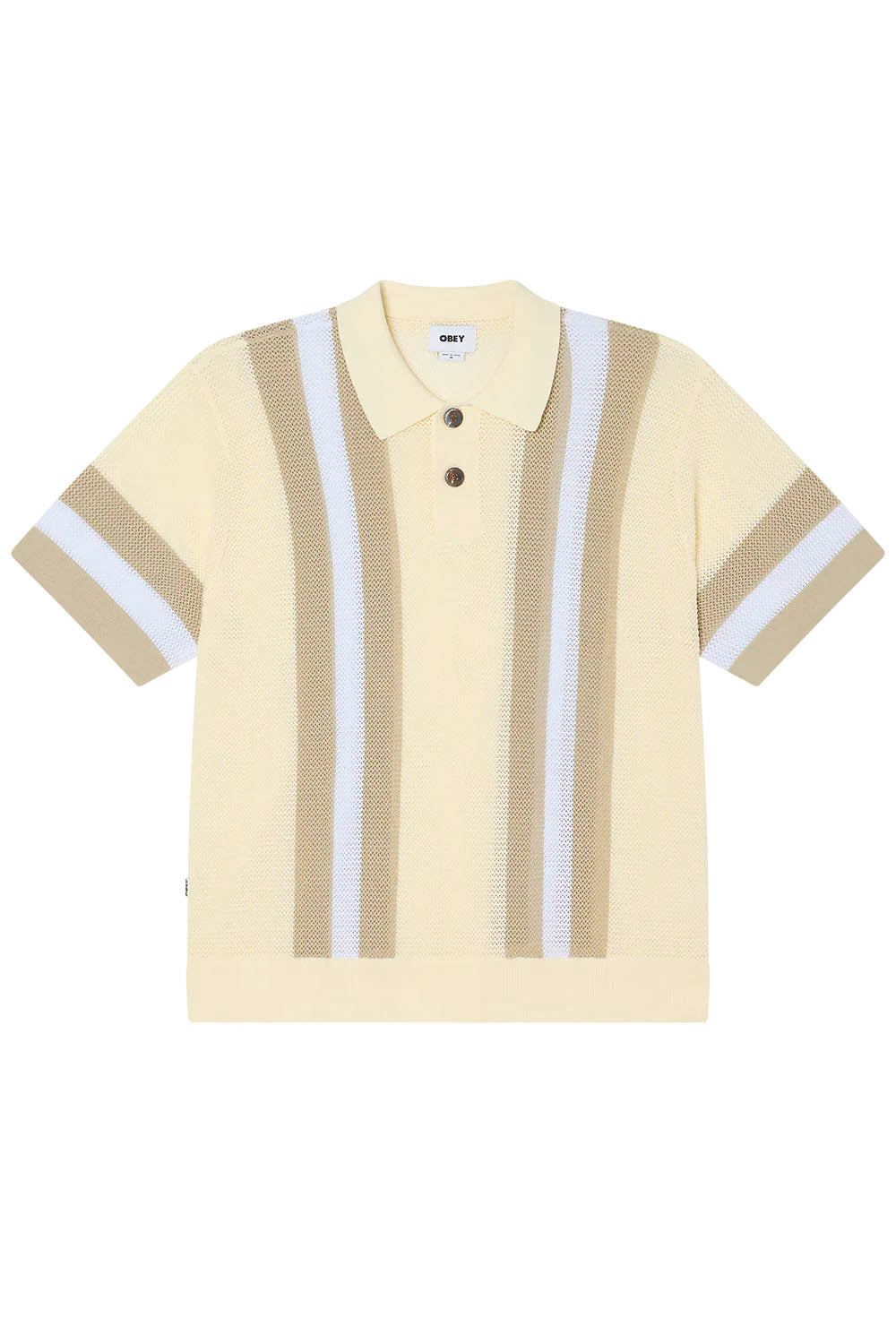Beige polo shirt with brown and white striped sleeves on a white background