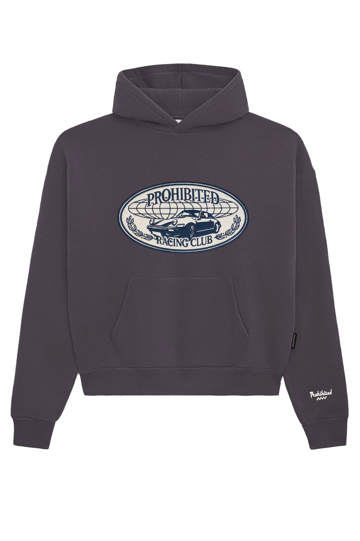 Dark gray hoodie with 'Prohibited Racing Club' logo on a white background
