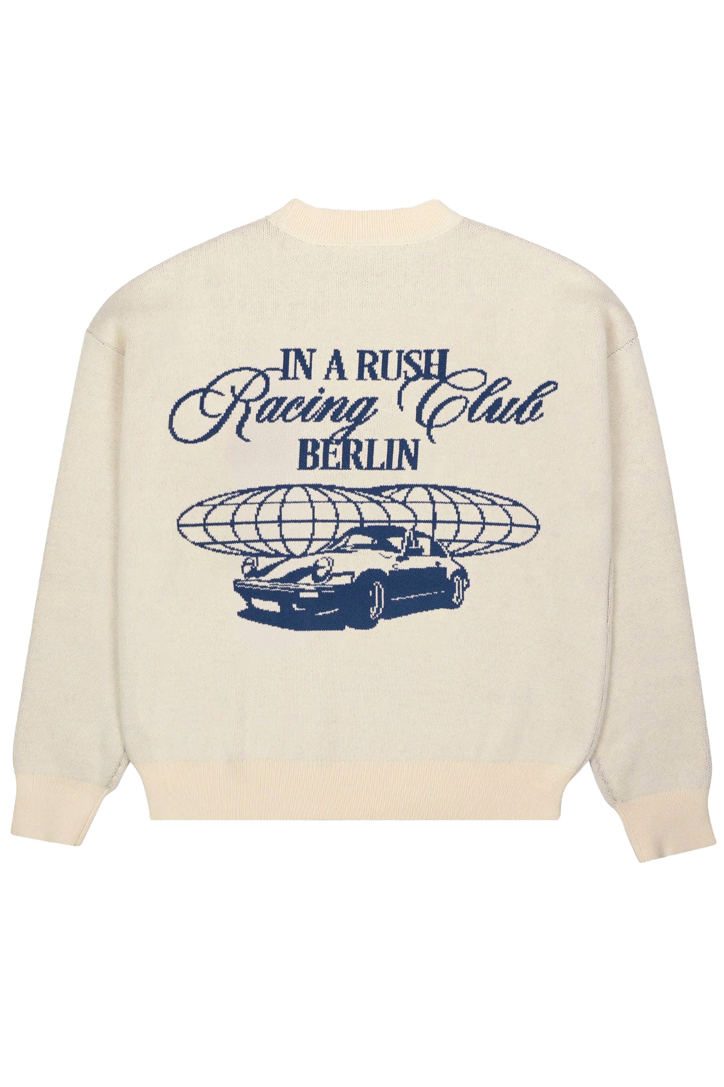 PROHIBITED Vortex knit sweater in cream with In a Rush jacquard back design