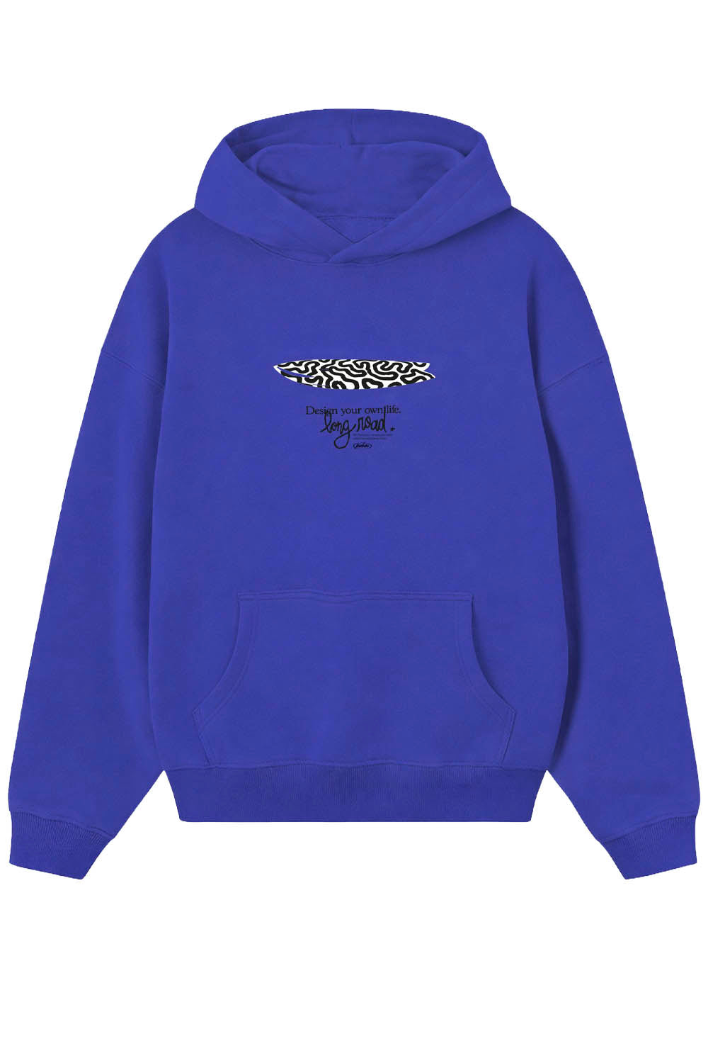 Blue hoodie with a logo on the chest against a white background