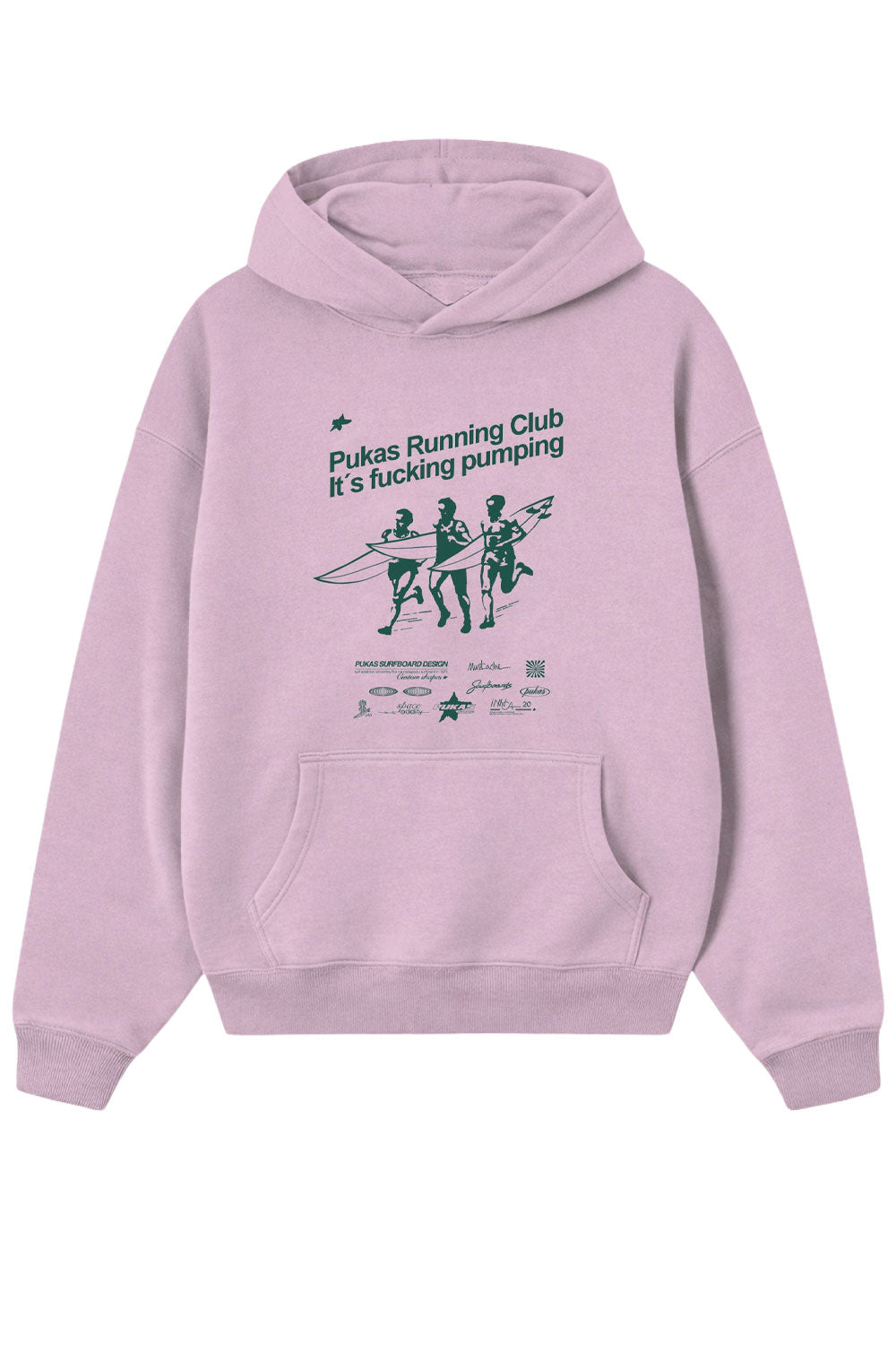 Pink hoodie with graphic design and text on a white background