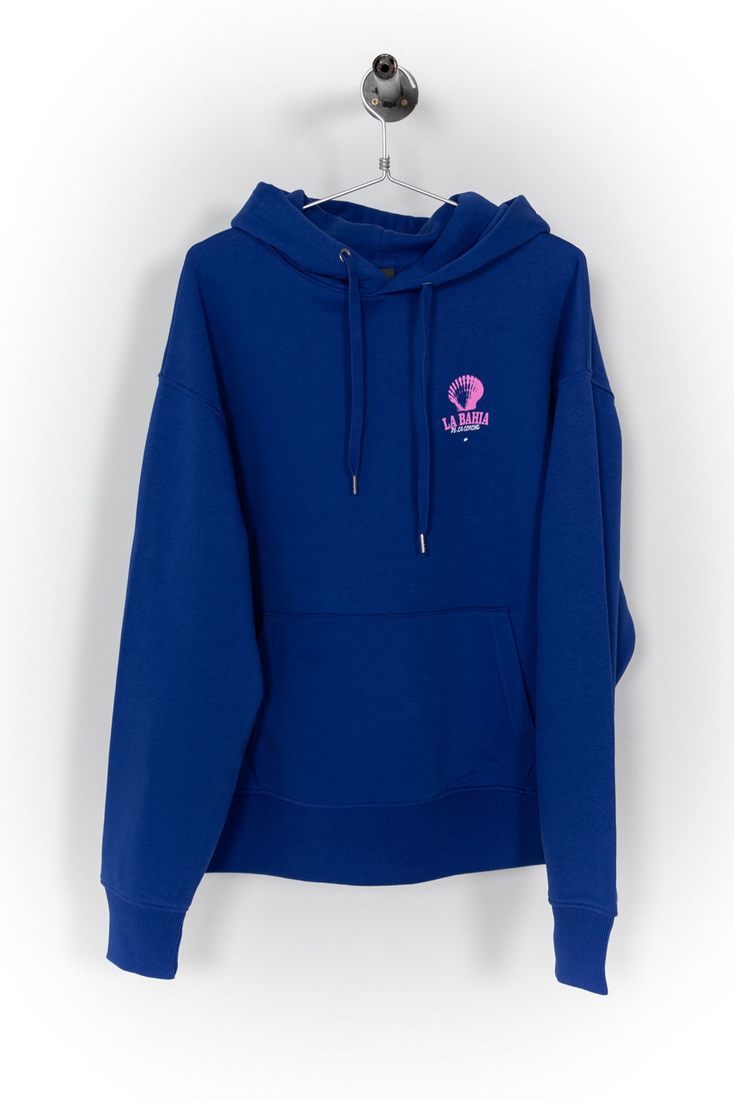 Pukas Surf Shop Bahia royal blue hoodie with pink La Concha Bay graphic front and back