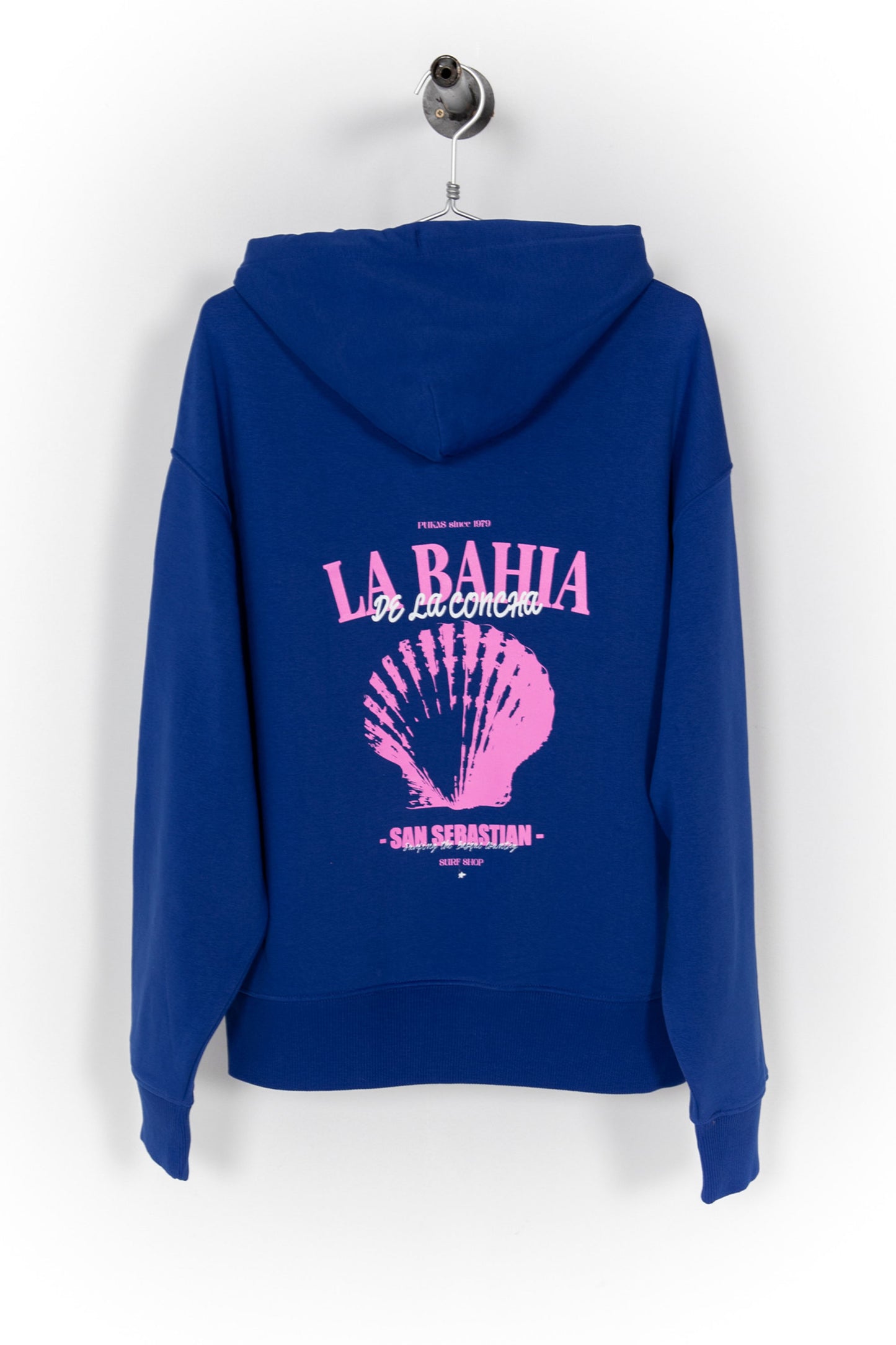 Pukas Surf Shop Bahia royal blue hoodie with pink La Concha Bay graphic front and back
