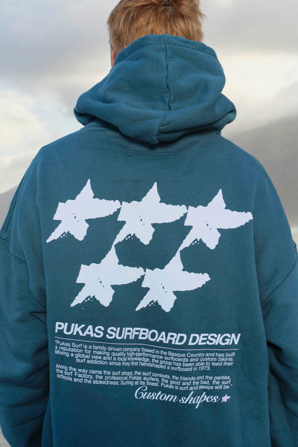 Person wearing a blue hoodie with white airplane designs and text on the back.